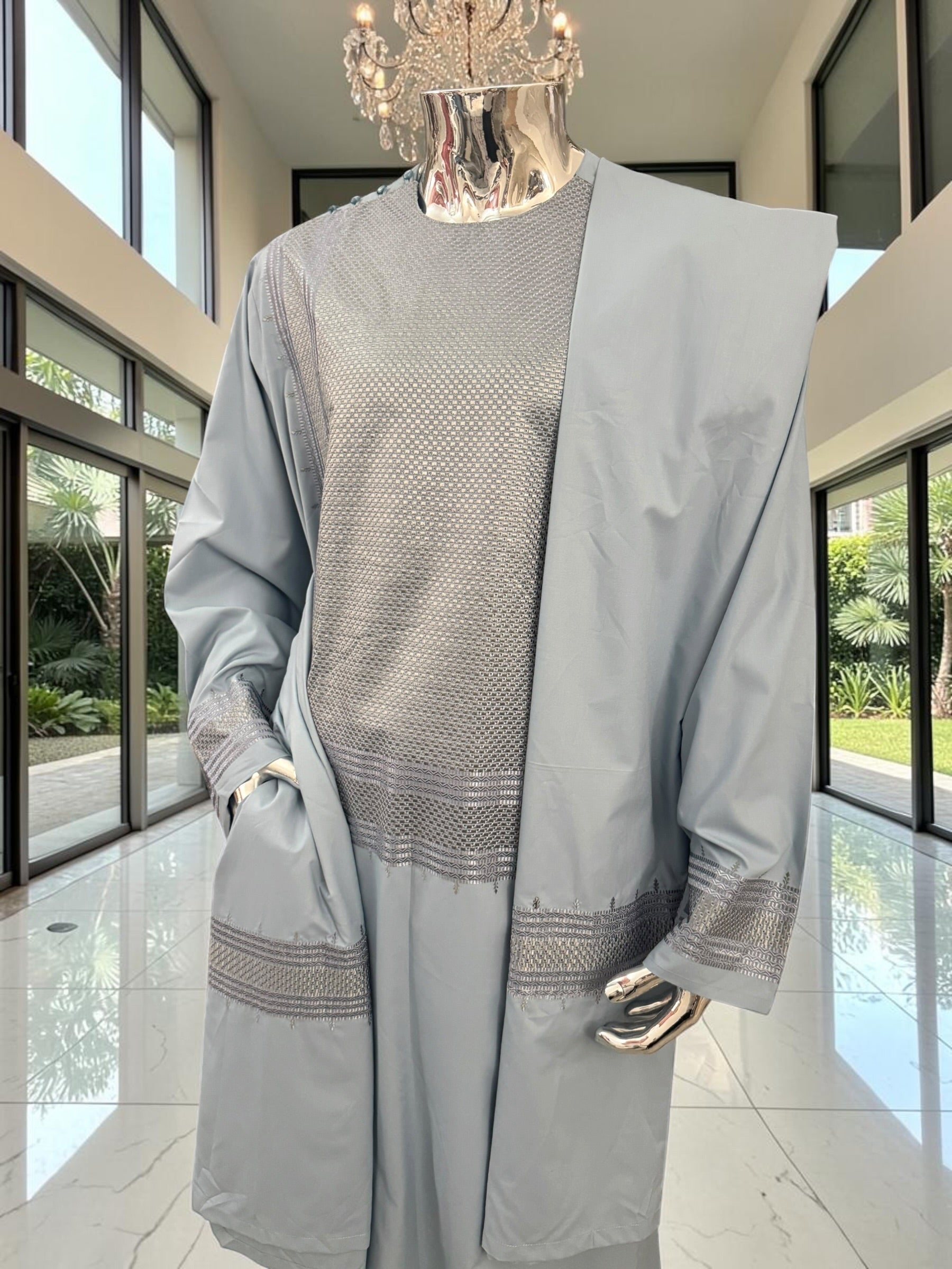 Men’s Blue Gray Embroidered Afghan Parahan Tunban with Matching Shawl – XXL