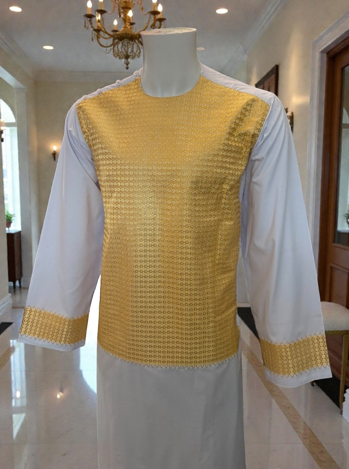 Medium White and Gold Afghan Parahan Tunban for Men with Machine Embroidery