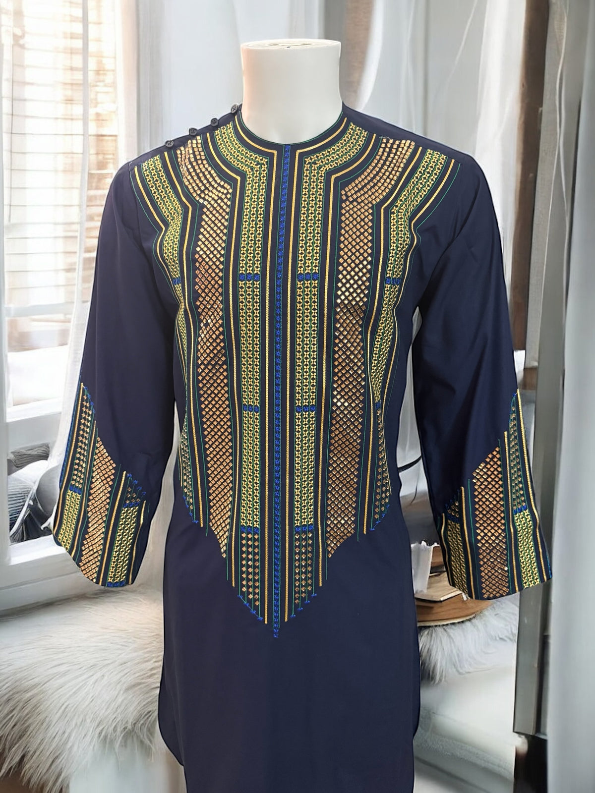 Afghan Parahan Tunban Kameese Shalwar Navy Blue Gold Shesha Embroidered Small