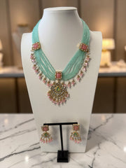 Mint Green & Pink Beaded Kundan Necklace and Earrings Set.   074