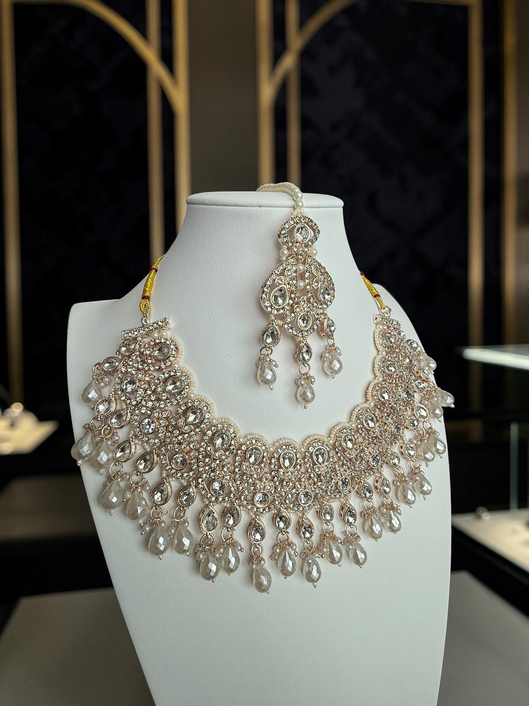 Champagne Pearl Kundan Bridal Jewelry Set with Earrings & Maang Tikka | Rose Gold Indian Pakistani Afghan Wedding Necklace | Jewelry Gift Box Included 6048