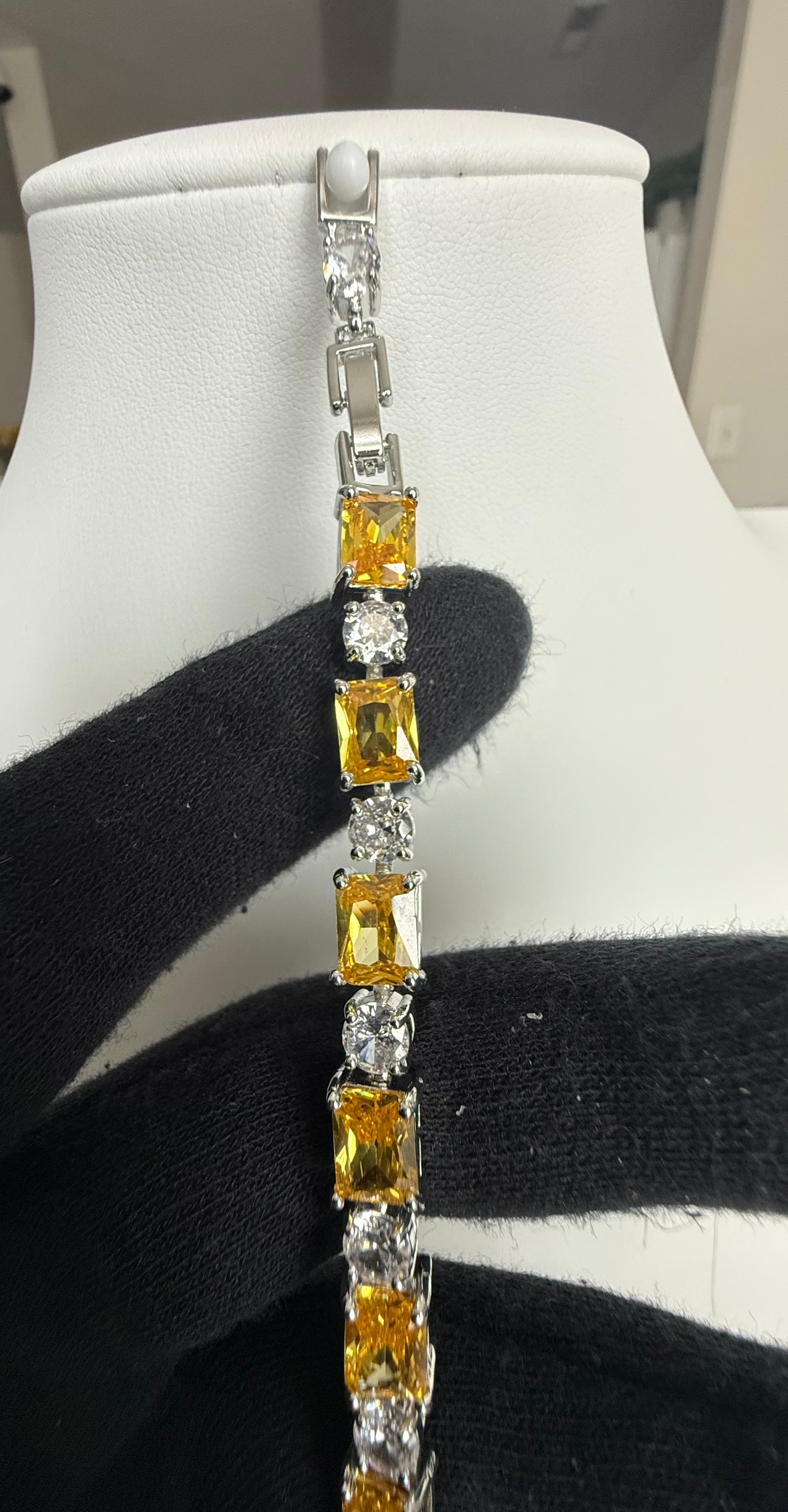 Yellow Emerald-Cut Crystal Tennis Bracelet – Silver Tone Statement Bracelet 7143