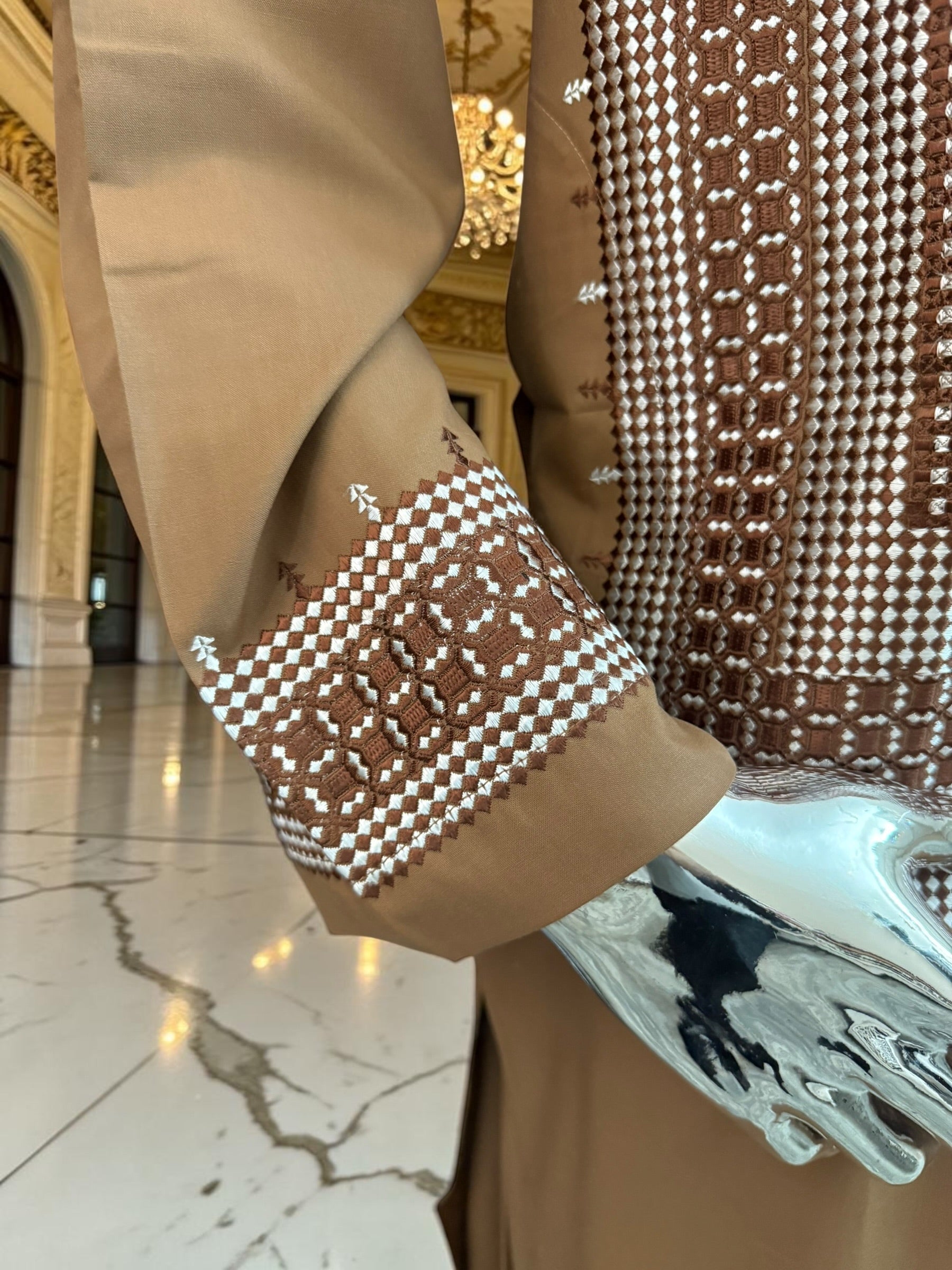 Medium Brown Parahan Tunban with White Embroidery | Traditional Afghan Men’s Wear
