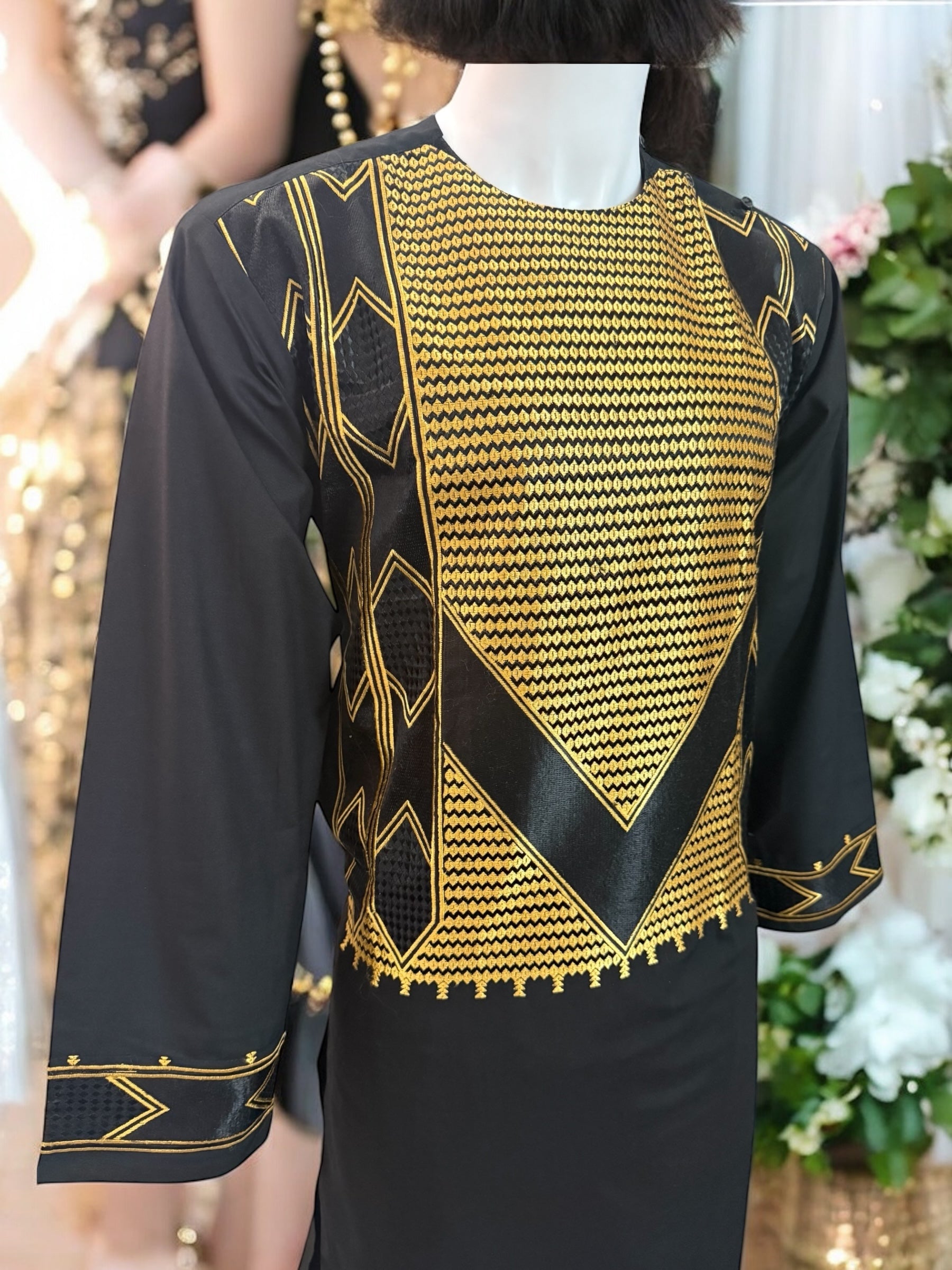 Afghan Parahan Tunban for Men Machine Embroidered Black Gold Traditional Wear Medium