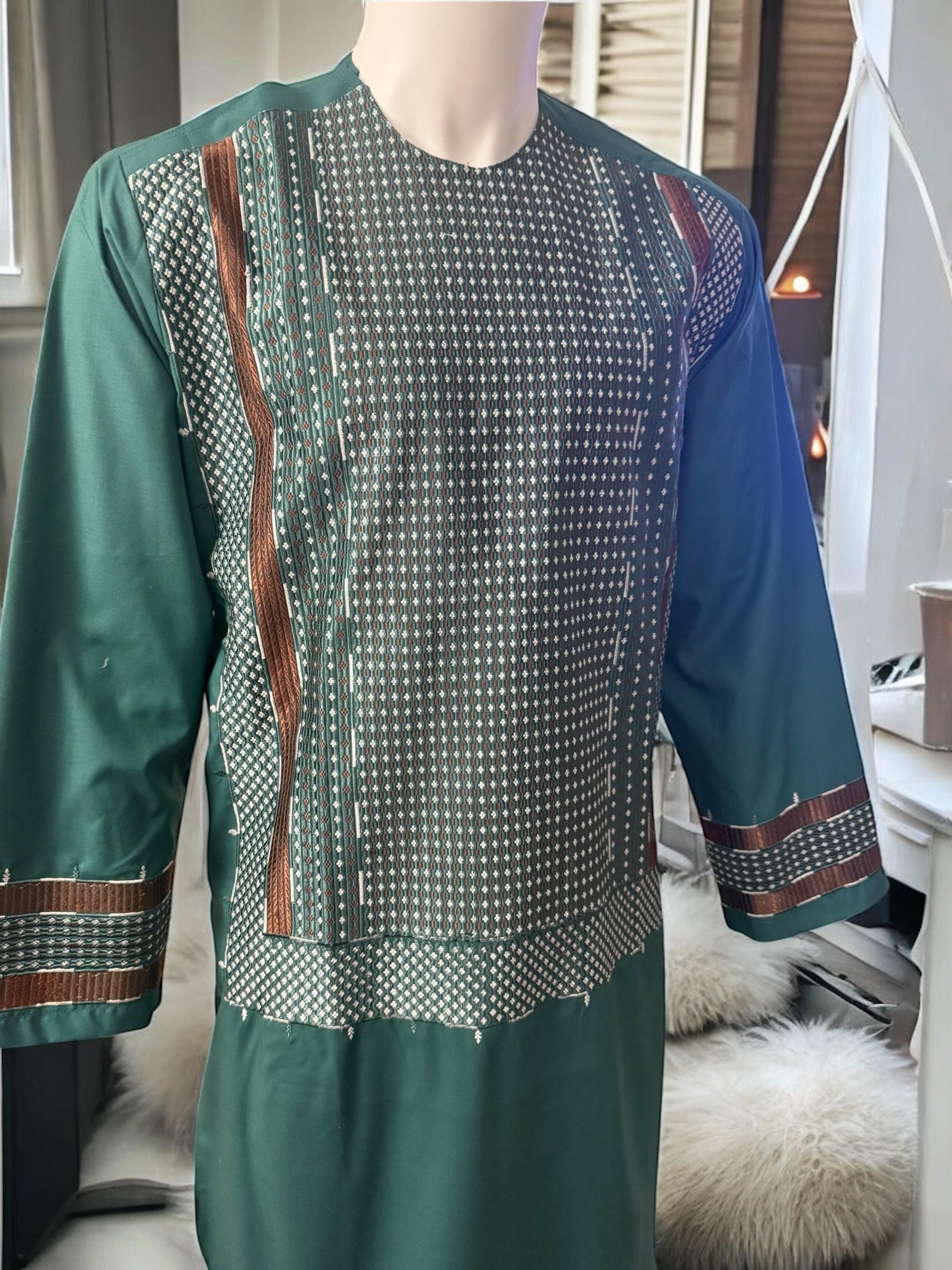 Men’s Emerald Green Parahan Tumban with Brown and White Embroidery Small