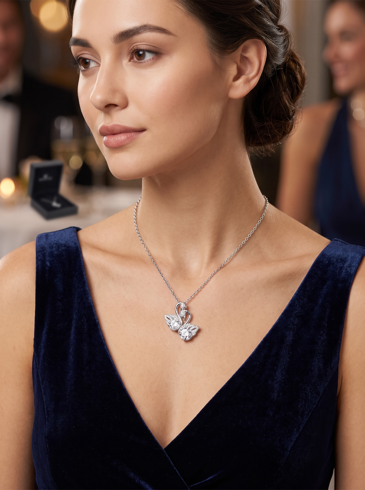 Silver-Tone Double Swan Moissanite Pendant Necklace