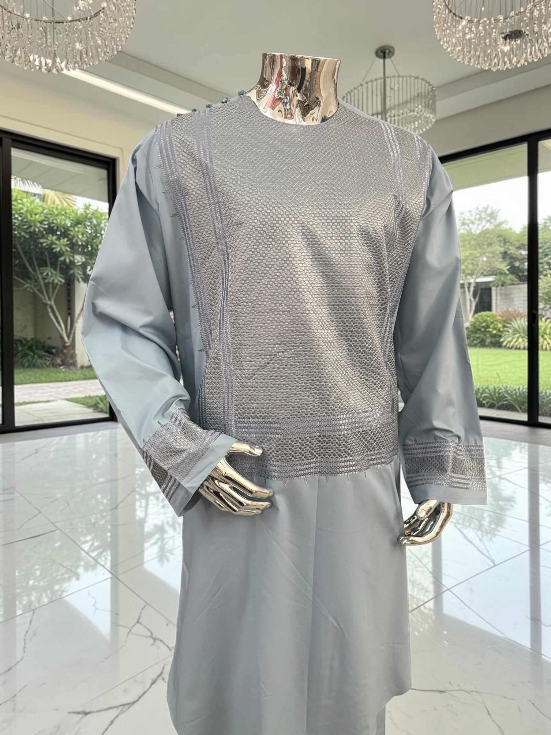 Men’s Blue Gray Embroidered Afghan Parahan Tunban with Matching Shawl – XXL