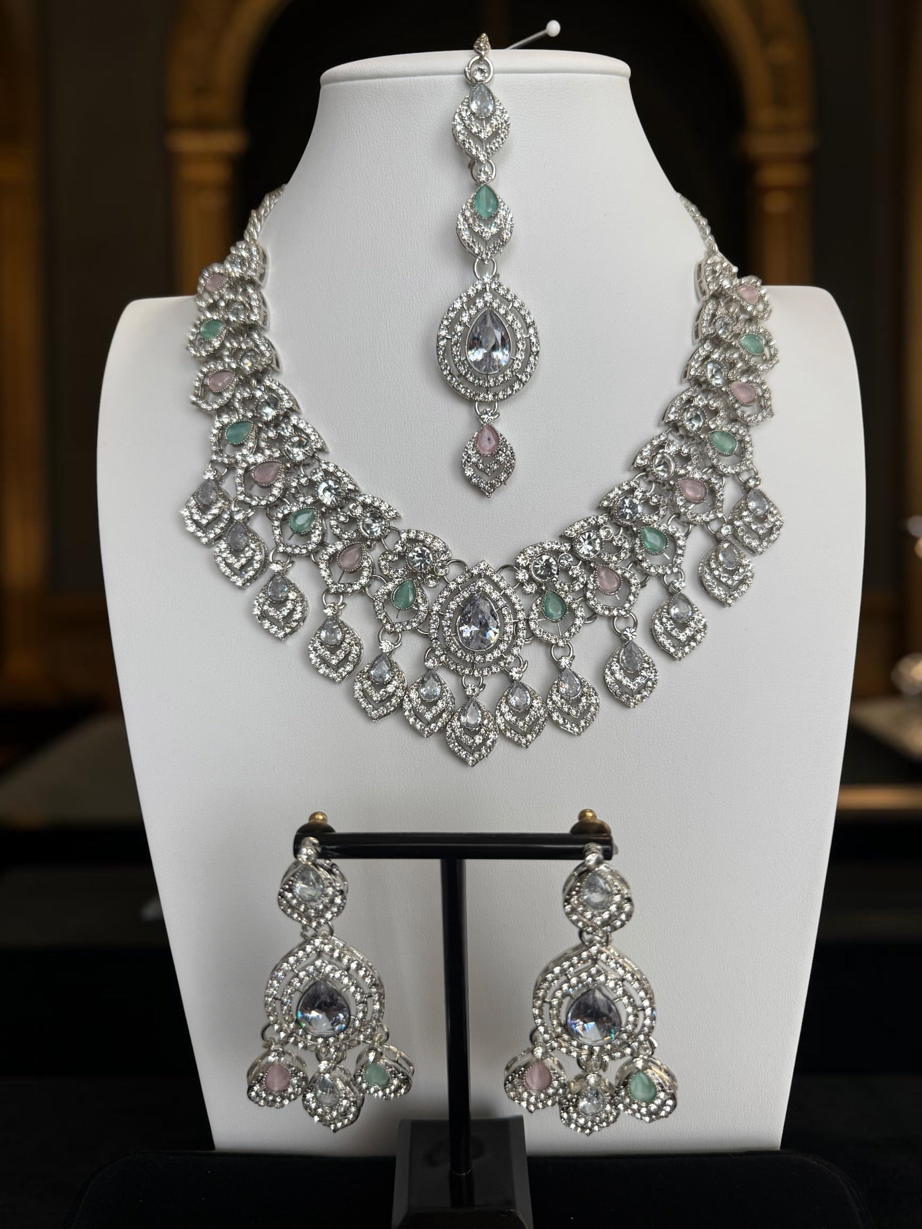 American Diamond Necklace, Earrings & Maang Tikka Jewelry Set – 7 Colors
