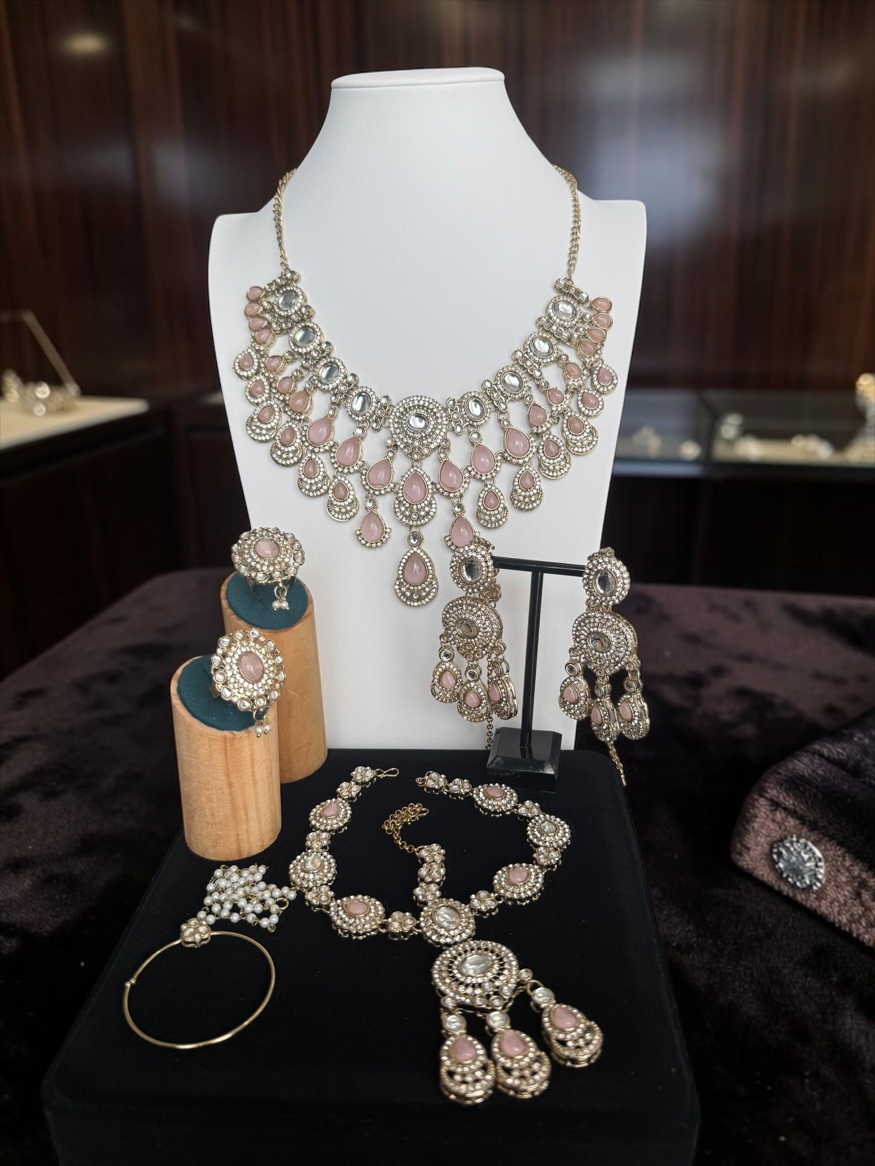 Blush Pink Kundan Half Bridal Jewelry Set – 6-Piece Necklace, Earrings, Sheeshphool, Nath & Adjustable Rings 6058