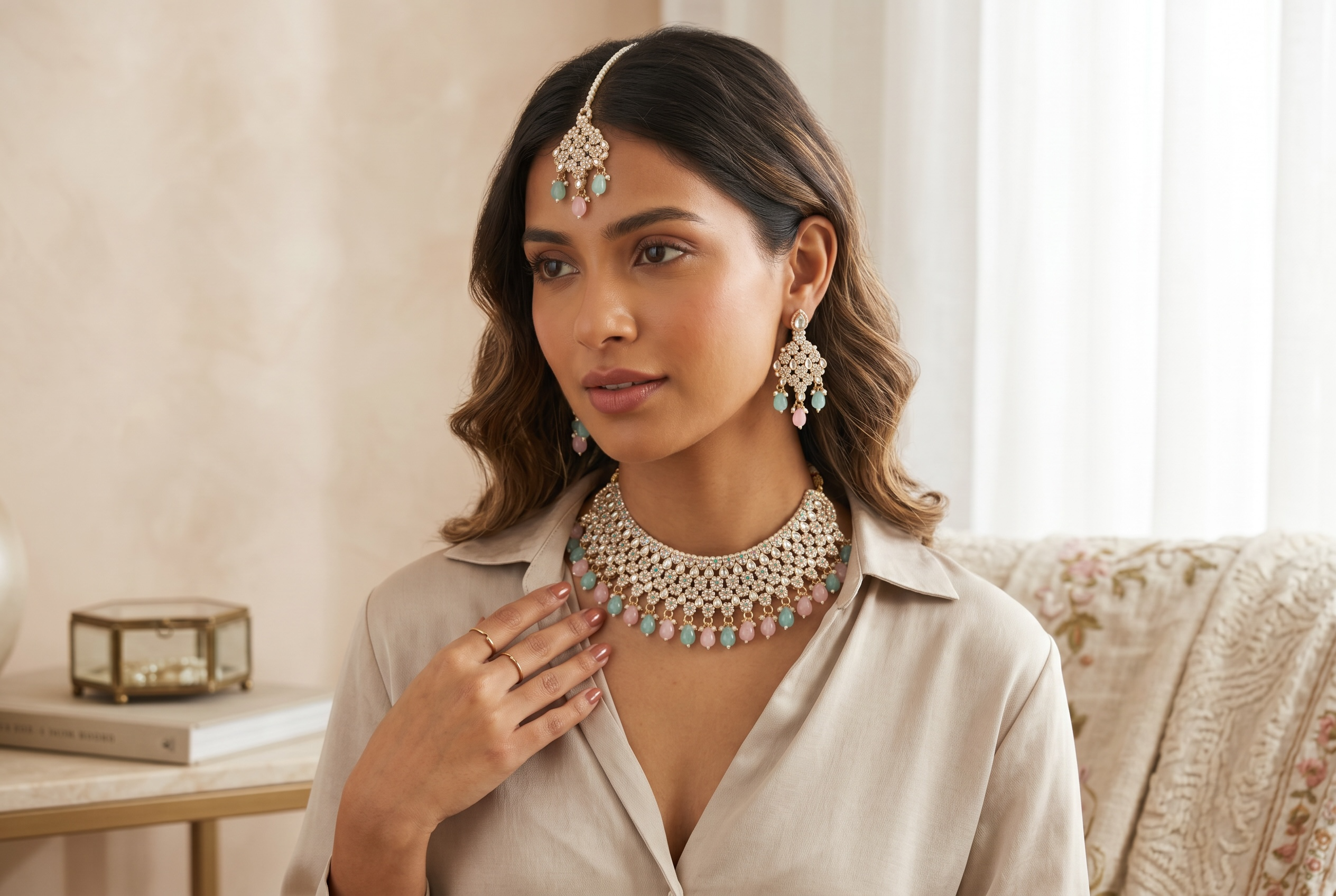 Traditional Indian Afghan 4-Piece Bridal Jewelry Set – Gold Tone Choker Necklace, Earrings, Maang Tikka & Headpiece with Pastel Pink & Mint Stones | Ethnic Wedding Jewelry 020