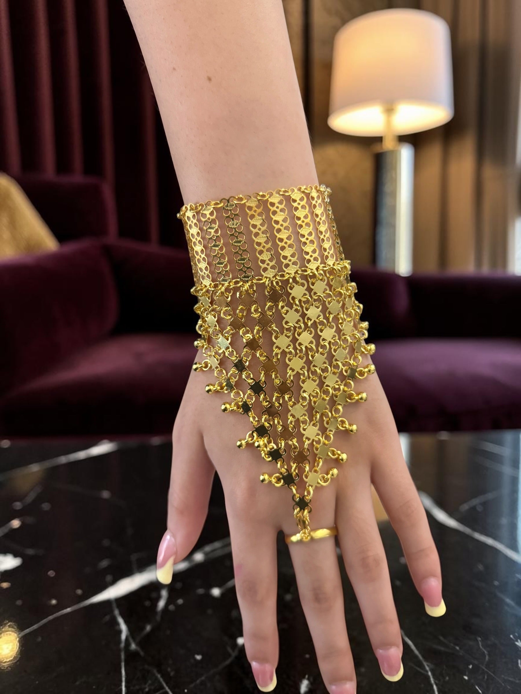 Gold Plated Hathphool Hand Chain Bracelet with Adjustable Ring | Ethnic Indian Pakistani Afghan Arabic Hand Jewelry 6075