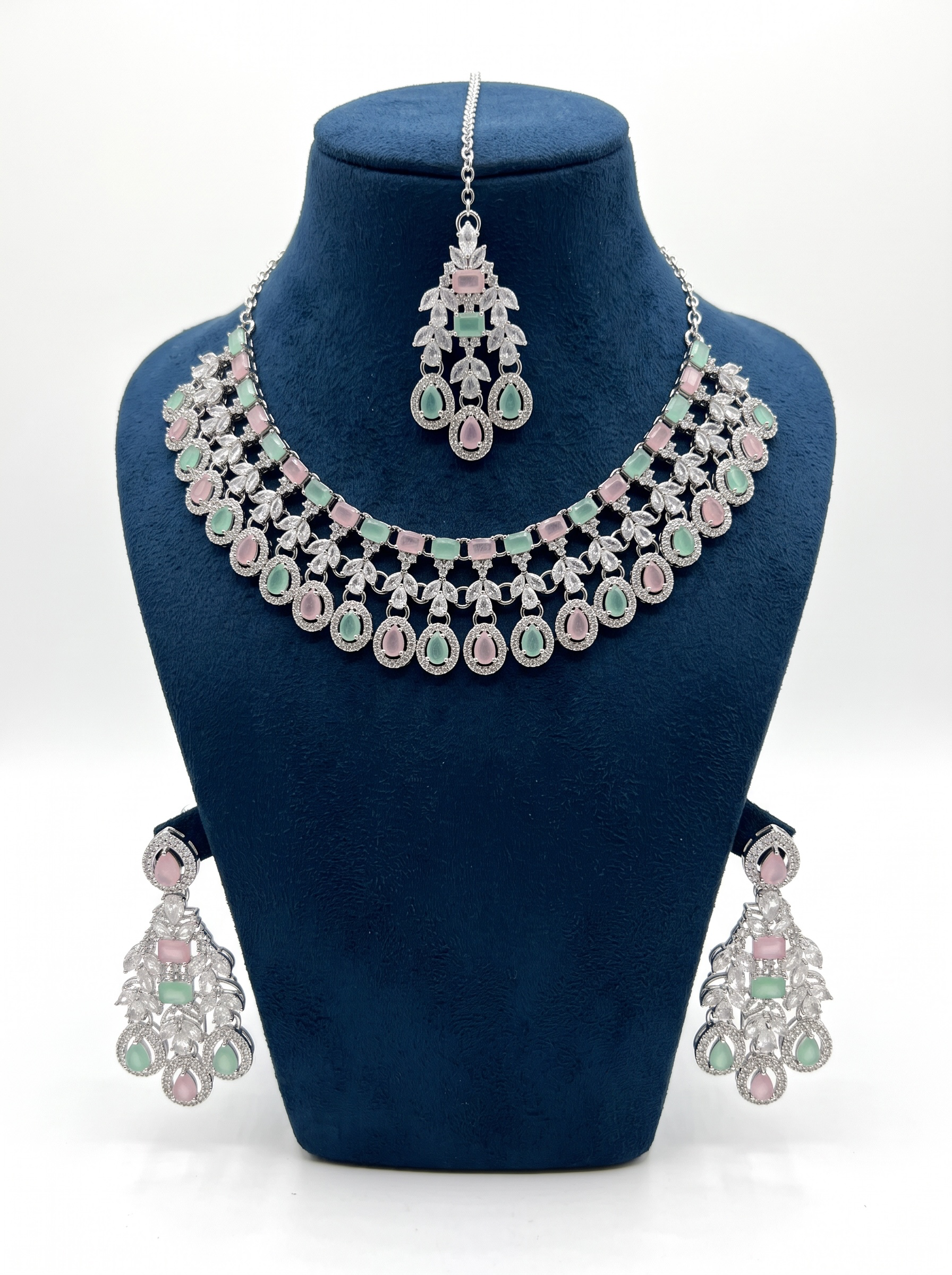 Silver-Tone AD Bridal Necklace Set with Earrings & Maang Tikka – 8 Colors