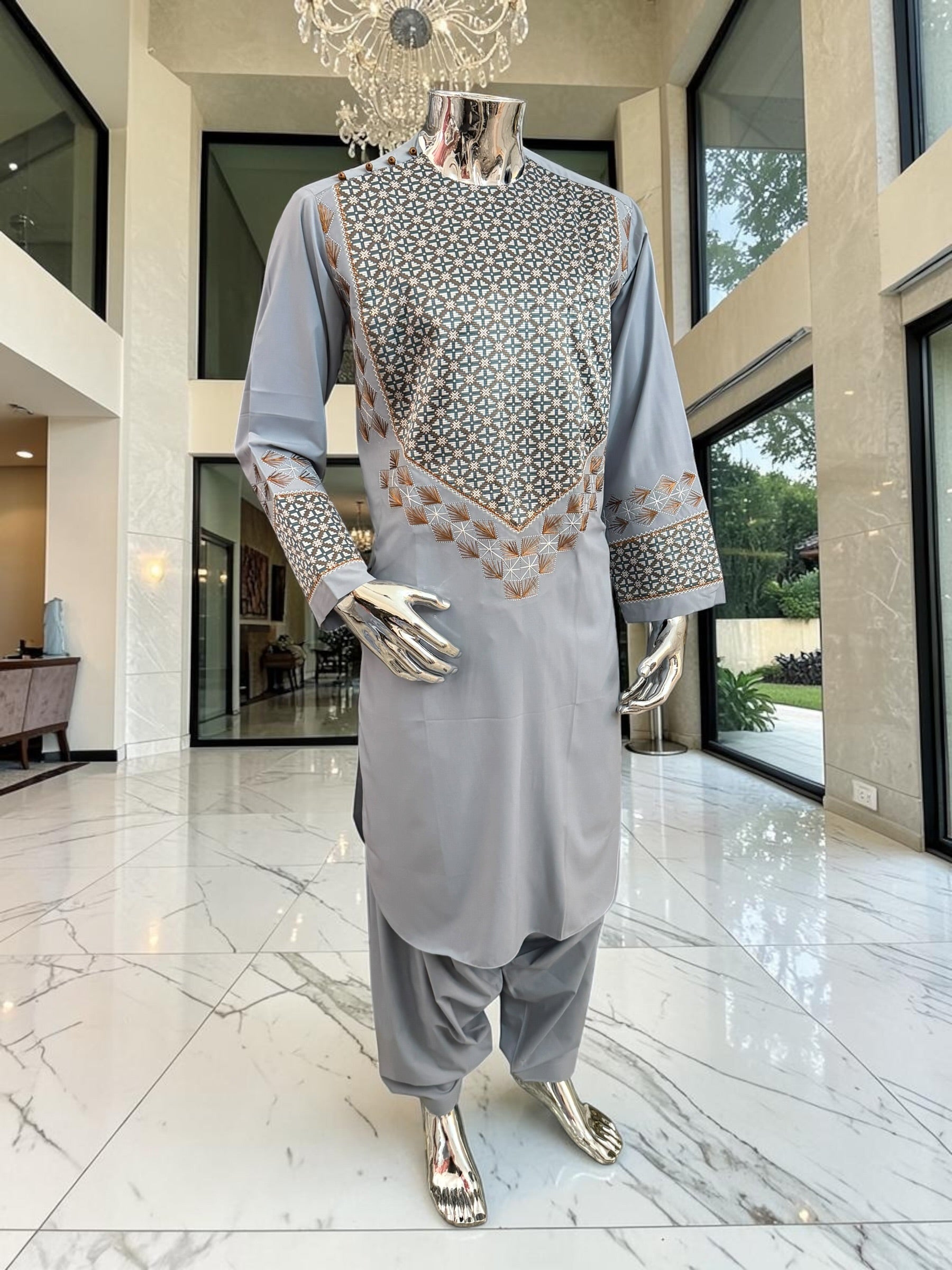 Medium Silver Gray Hand Embroidered Afghan Parahan Tunban Set with Matching Chadder