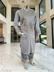 Medium Silver Gray Hand Embroidered Afghan Parahan Tunban Set with Matching Chadder
