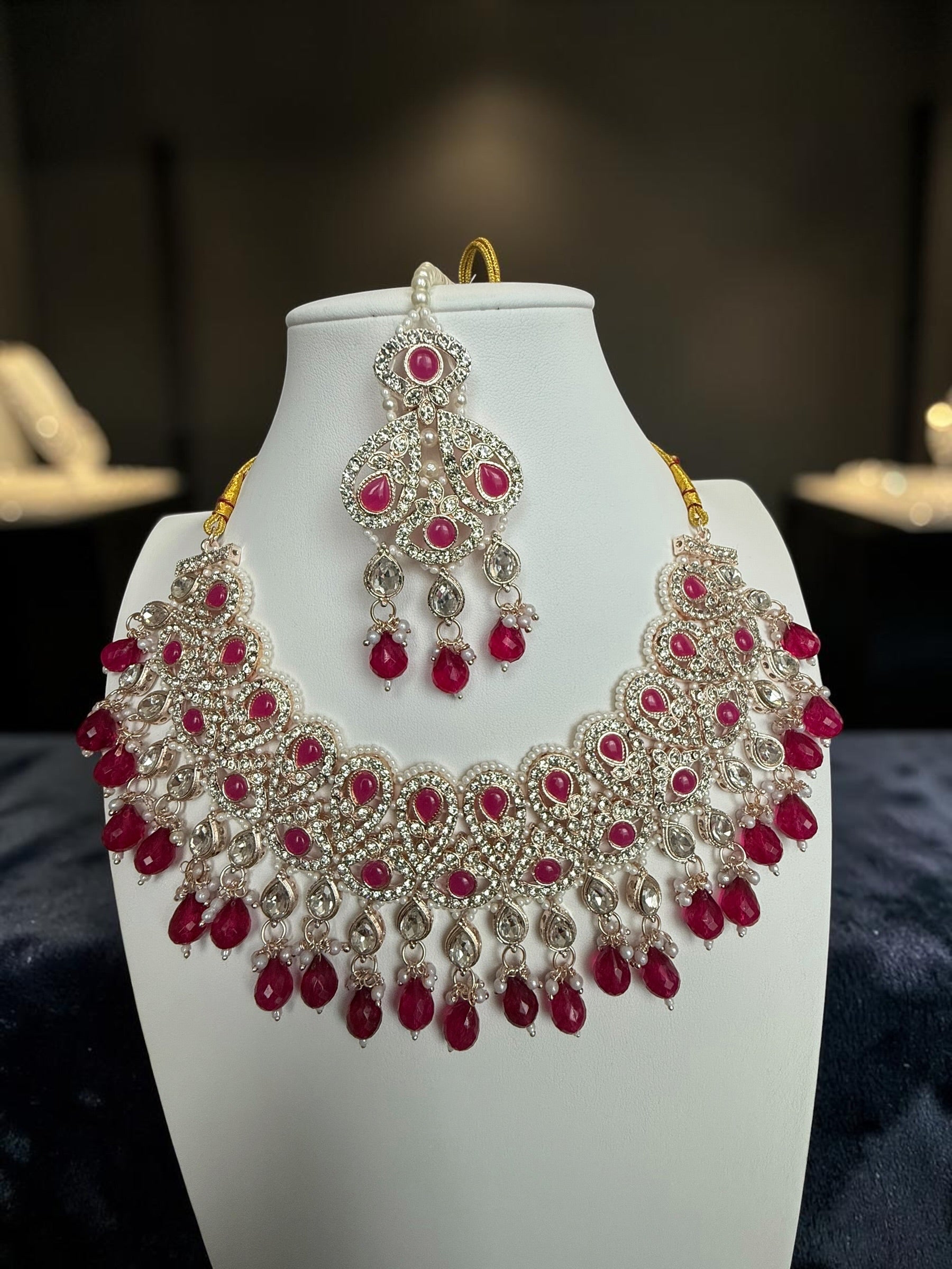 Ruby Red Kundan Bridal Jewelry Set with Earrings & Maang Tikka | Rose Gold Indian Pakistani Afghan Wedding Necklace | Gift Box Included 6047