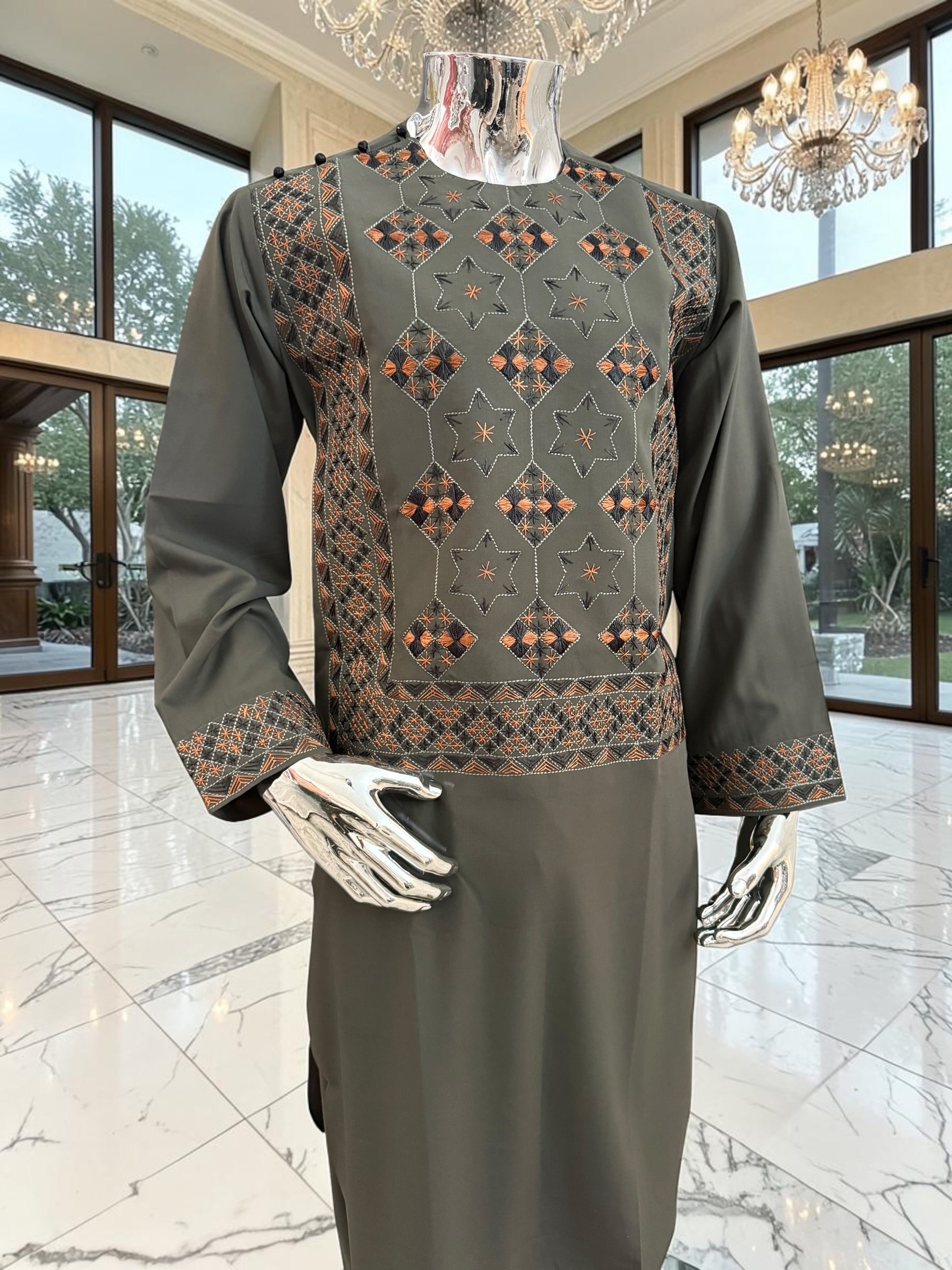 Large Hand Embroidered Dark Green Afghan Parahan Tunban Set with Matching Chadder