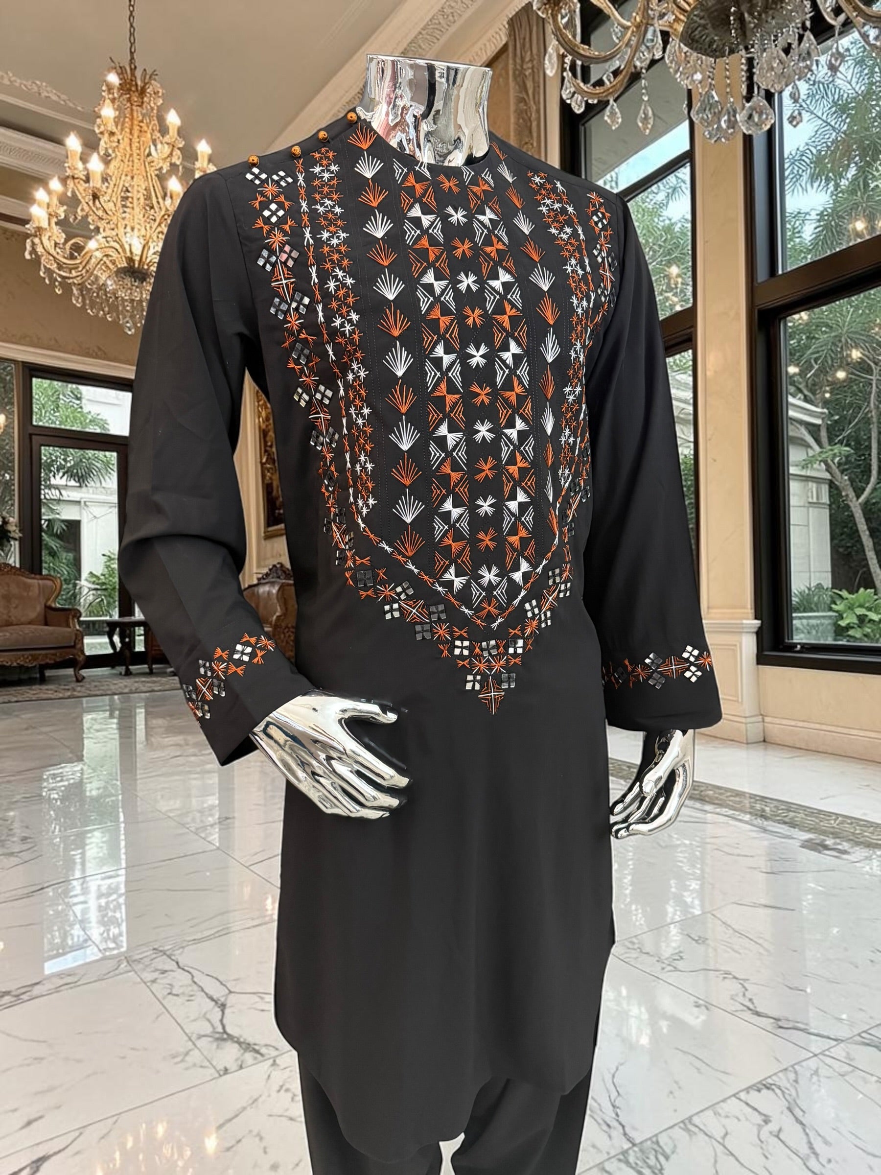 Large Black Afghan Parahan Tunban with Mirror Work – Premium Embroidered Men’s Traditional Outfit with Chadder/patto