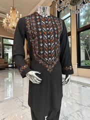 Large Black Afghan Parahan Tunban with Mirror Work – Premium Embroidered Men’s Traditional Outfit with Chadder/patto