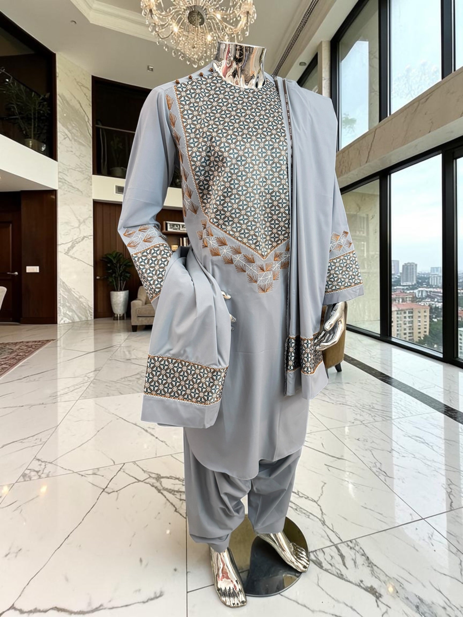 Medium Silver Gray Hand Embroidered Afghan Parahan Tunban Set with Matching Chadder