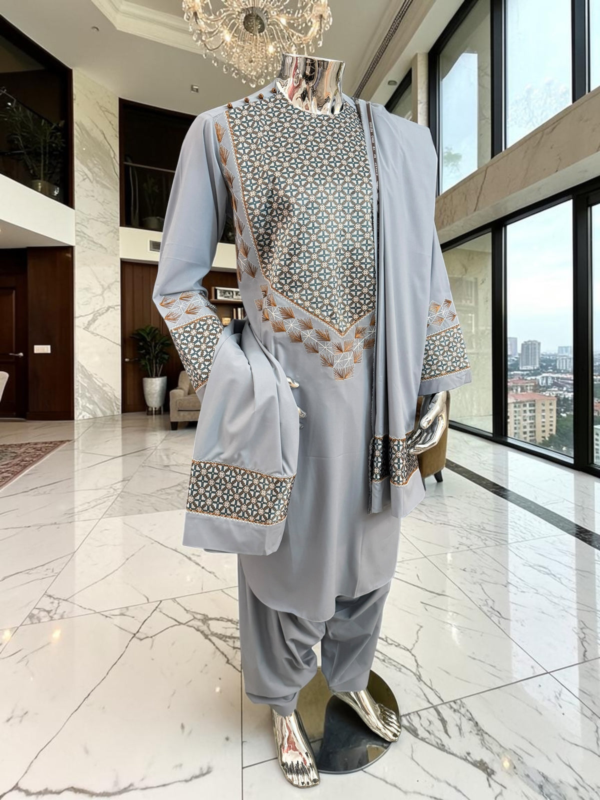 Medium Silver Gray Hand Embroidered Afghan Parahan Tunban Set with Matching Chadder