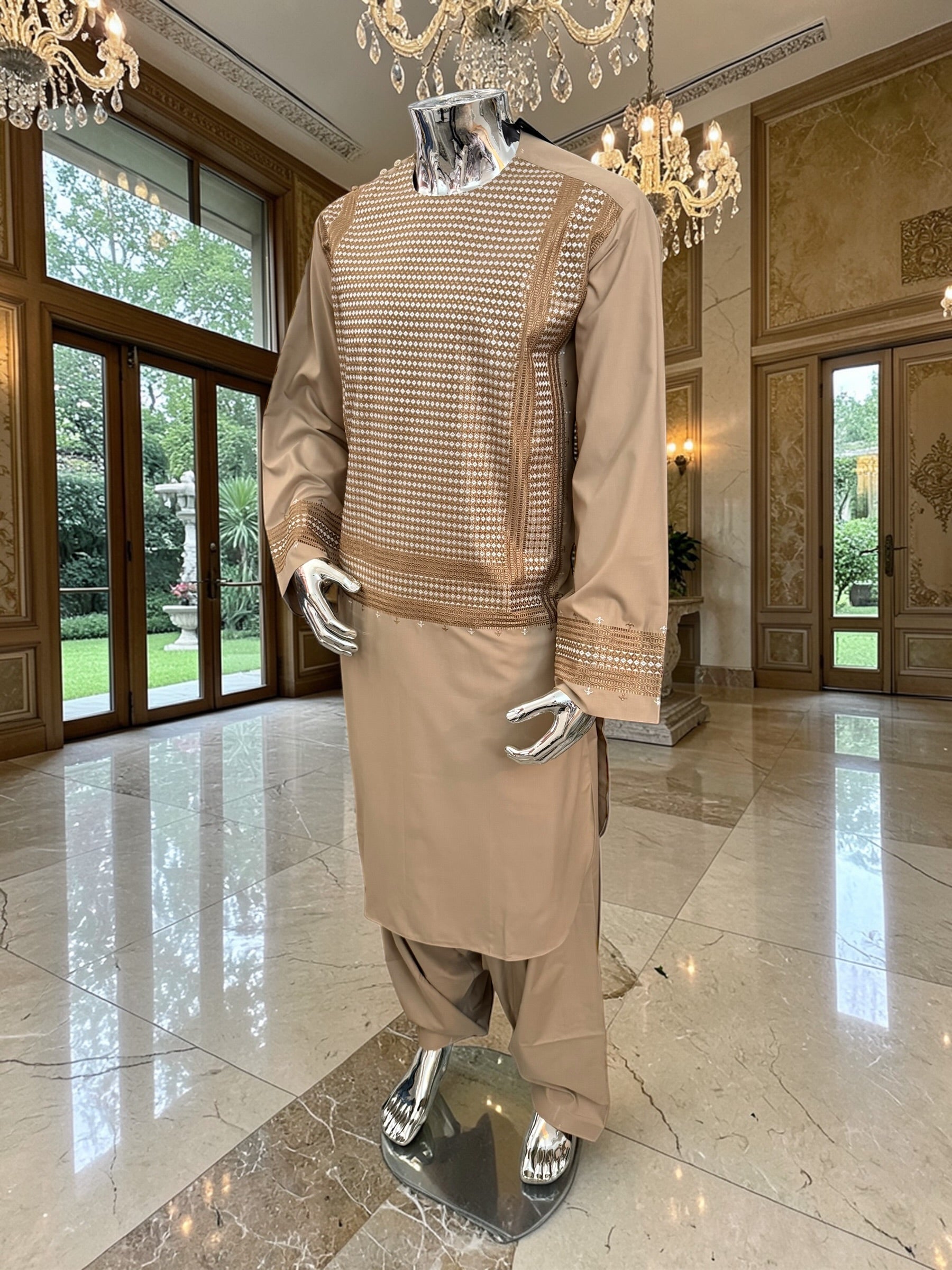 XL Beige Embroidered Afghan Parahan Tumban – Cotton-Blend Traditional Men’s Outfit | Luqmaan Boutique