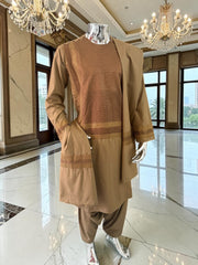 Small Premium Brown Machine Embroidered Parahan Tunban Set with Matching Chadder
