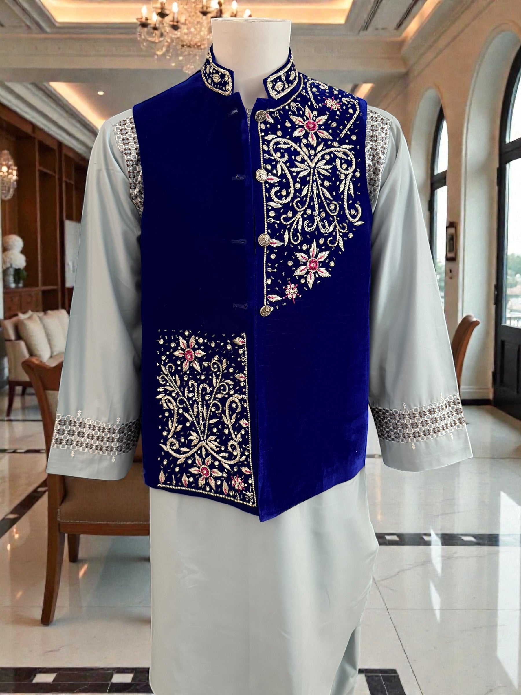 Small Royal Blue Afghan Waistcoat with Somma Borrborr Handcrafted Embroidery