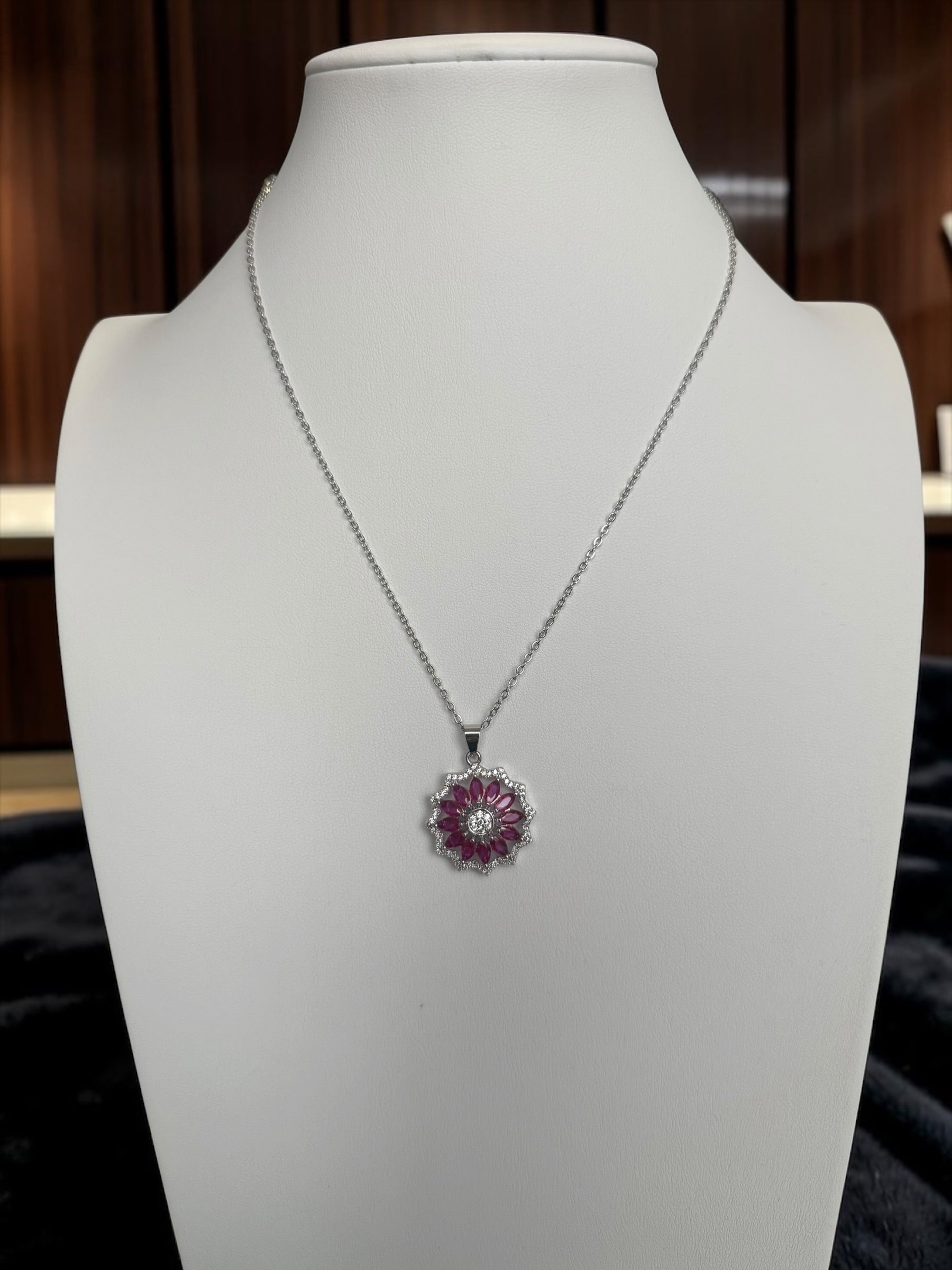 Pink Crystal Floral Pendant Necklace – Silver Tone Flower Statement Necklace with Gift Box 7157