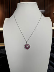 Pink Crystal Floral Pendant Necklace – Silver Tone Flower Statement Necklace with Gift Box 7157