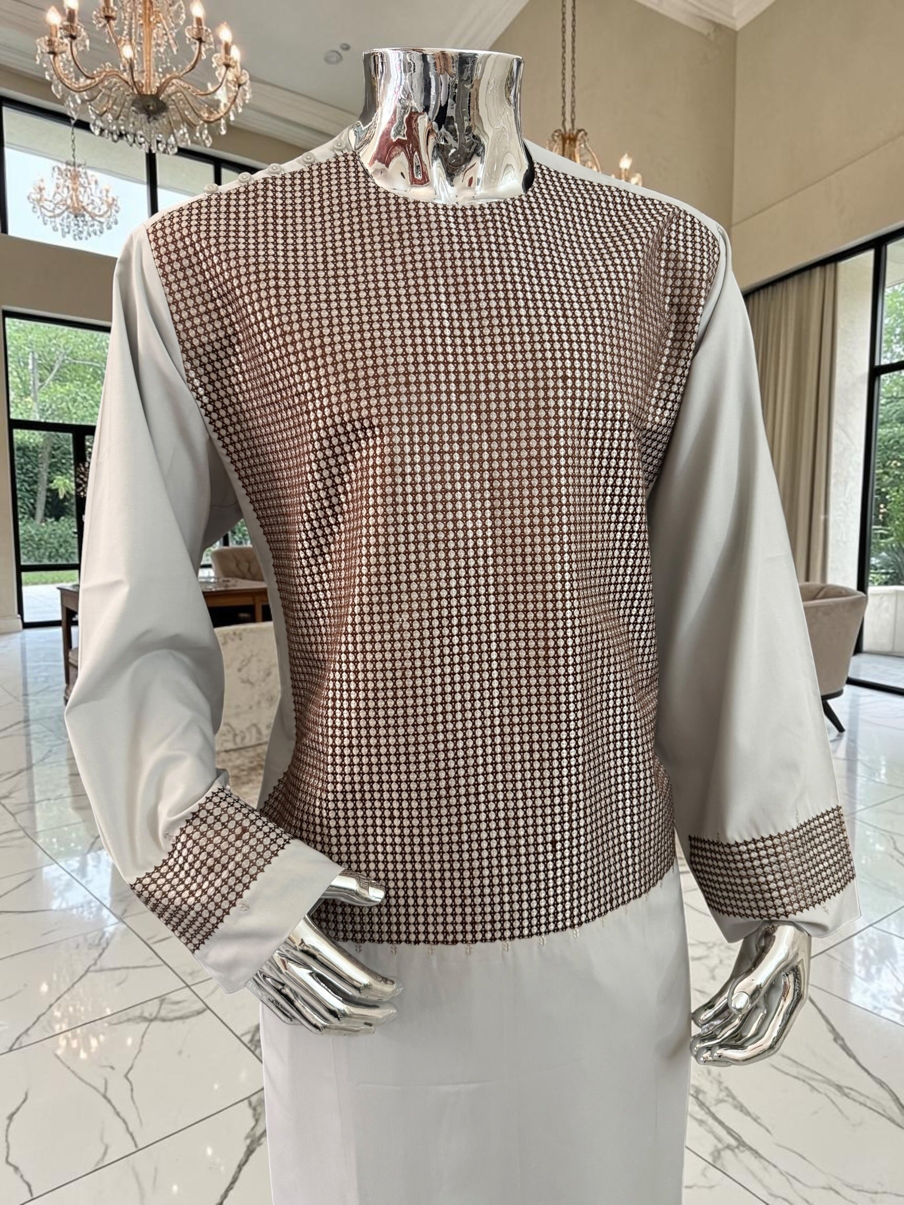 X-Large Premium Gray Parahan Tunban Set with Brown Machine Embroidery