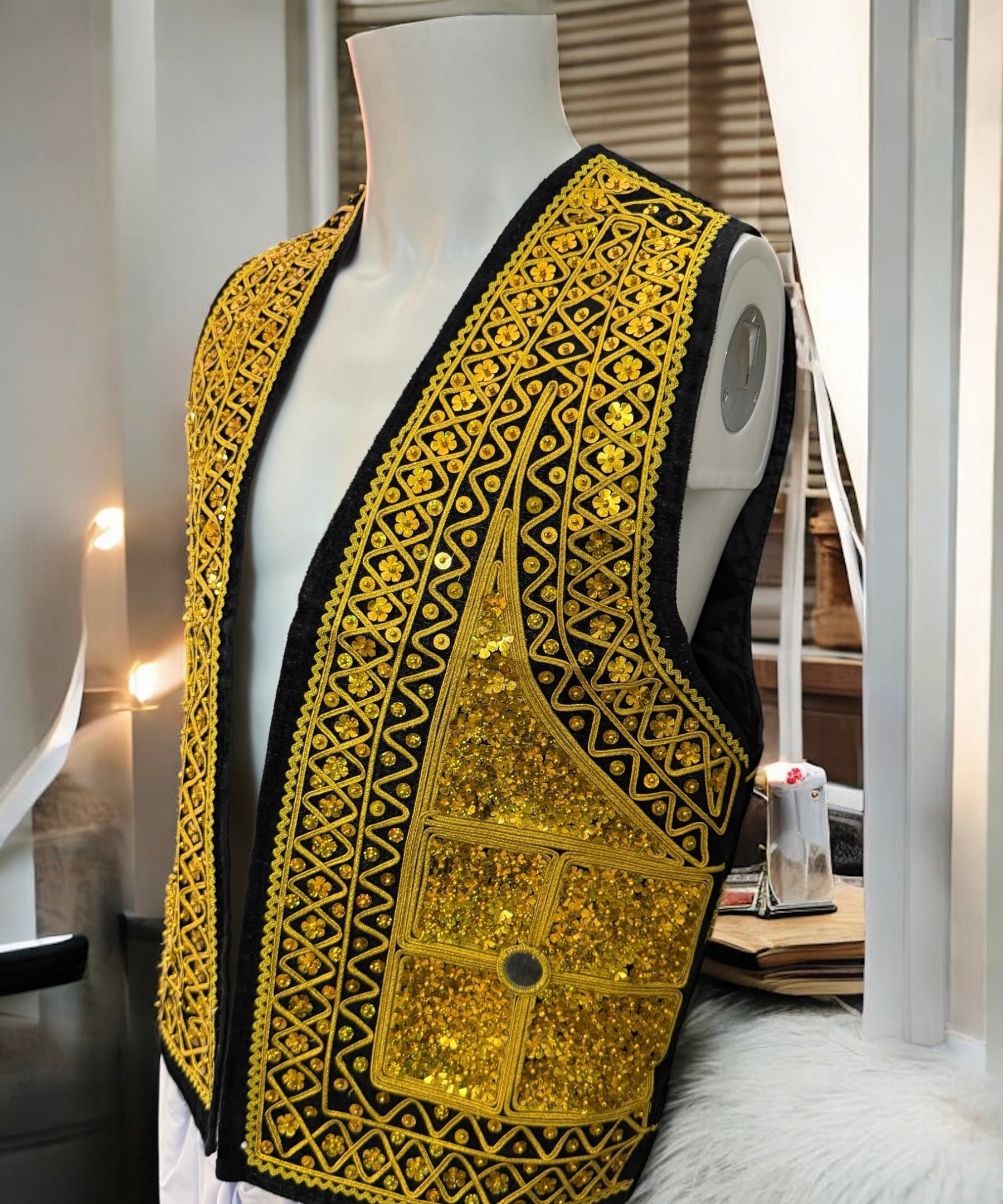 Men’s Afghan Gold Embroidered Vest – Black, Small
