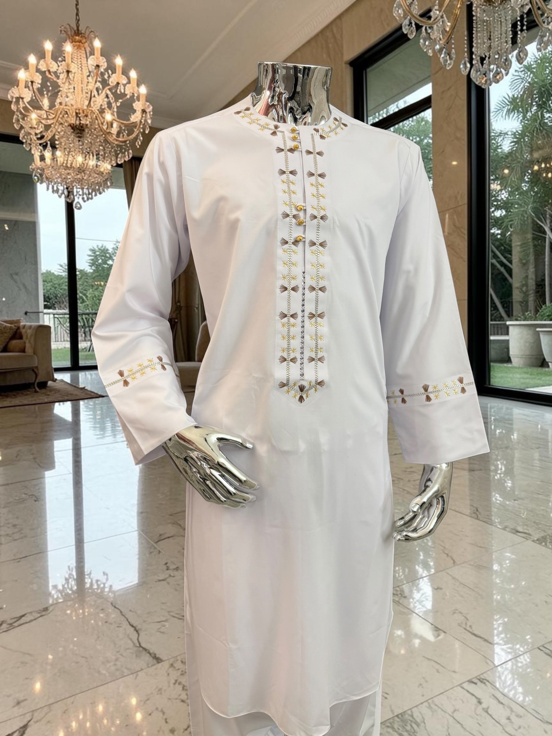 Men’s White Afghan Parahan Tunban with Gold & Brown Embroidery – Traditional Afghan Outfit