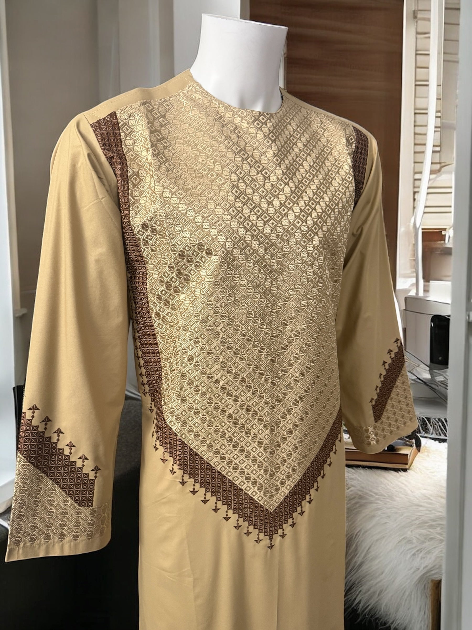 Men’s Beige Parahan Tumban with Brown Embroidery Large