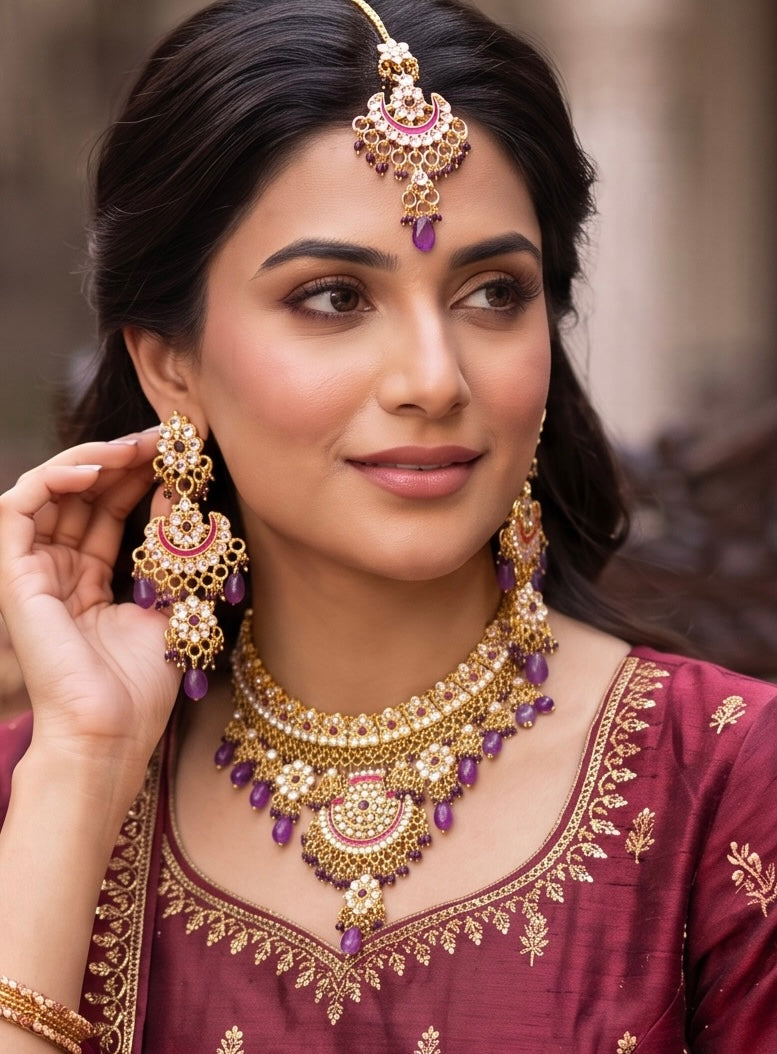 Purple Indian Pakistani Afghan Bridal Jewelry Set with Earrings & Maang Tikka | Gold Tone Crystal Rhinestone Necklace Set | Wedding Jewelry Gift Box Included 7013