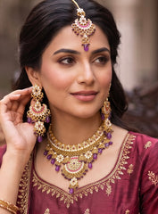 Purple Indian Pakistani Afghan Bridal Jewelry Set with Earrings & Maang Tikka | Gold Tone Crystal Rhinestone Necklace Set | Wedding Jewelry Gift Box Included 7013