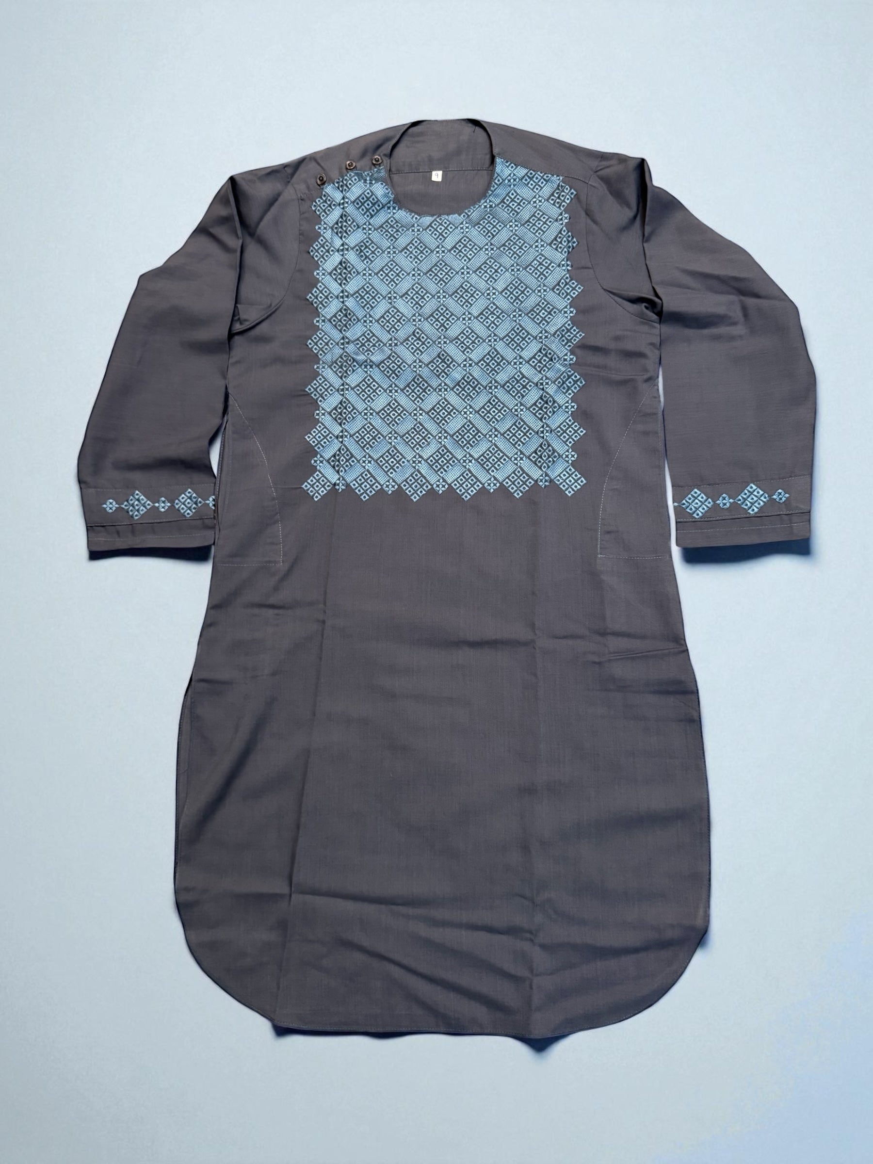 9 years old Gray Afghan Parahan Tunban for boys, Light Blue Machine Embroidery