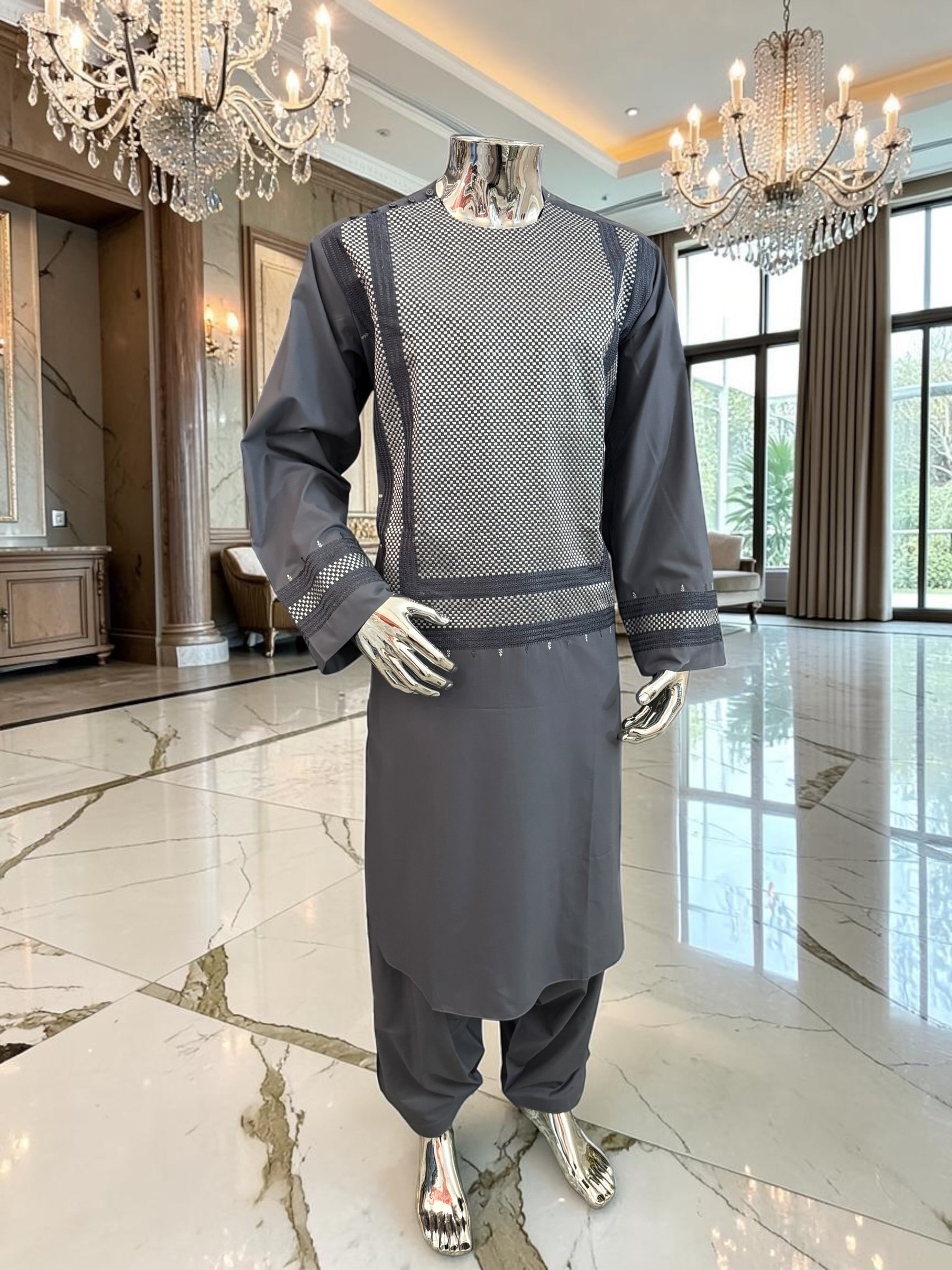 X-Large Charcoal Grey Men’s Shalwar Kameez Yakhandozi with Matching Grey and White Geometric Embroidery | Premium Traditional Wear