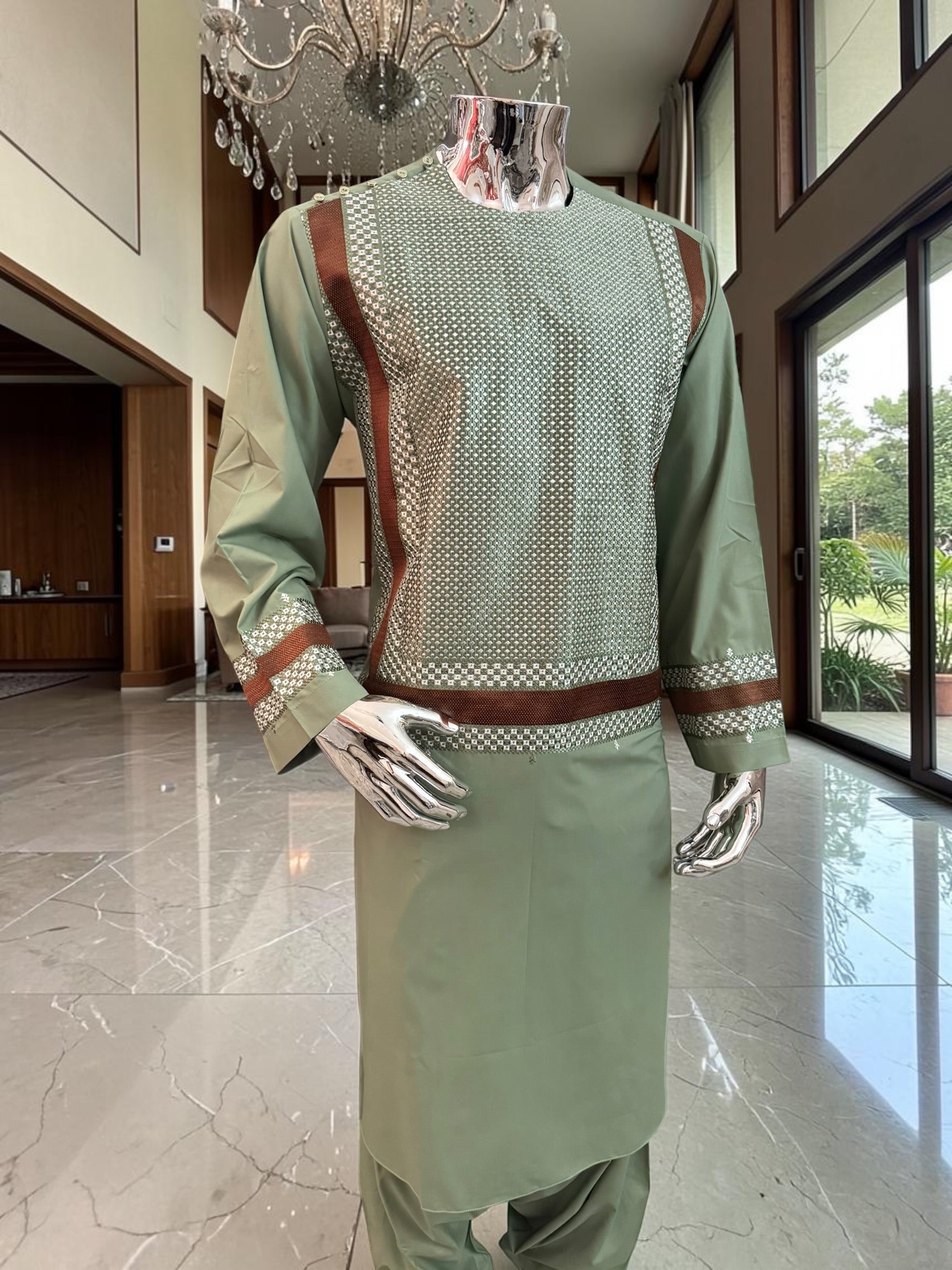 Large Sage Green Afghan Parahan Tunban with Premium Machine Embroidery