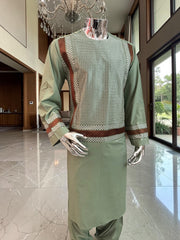 Large Sage Green Afghan Parahan Tunban with Premium Machine Embroidery