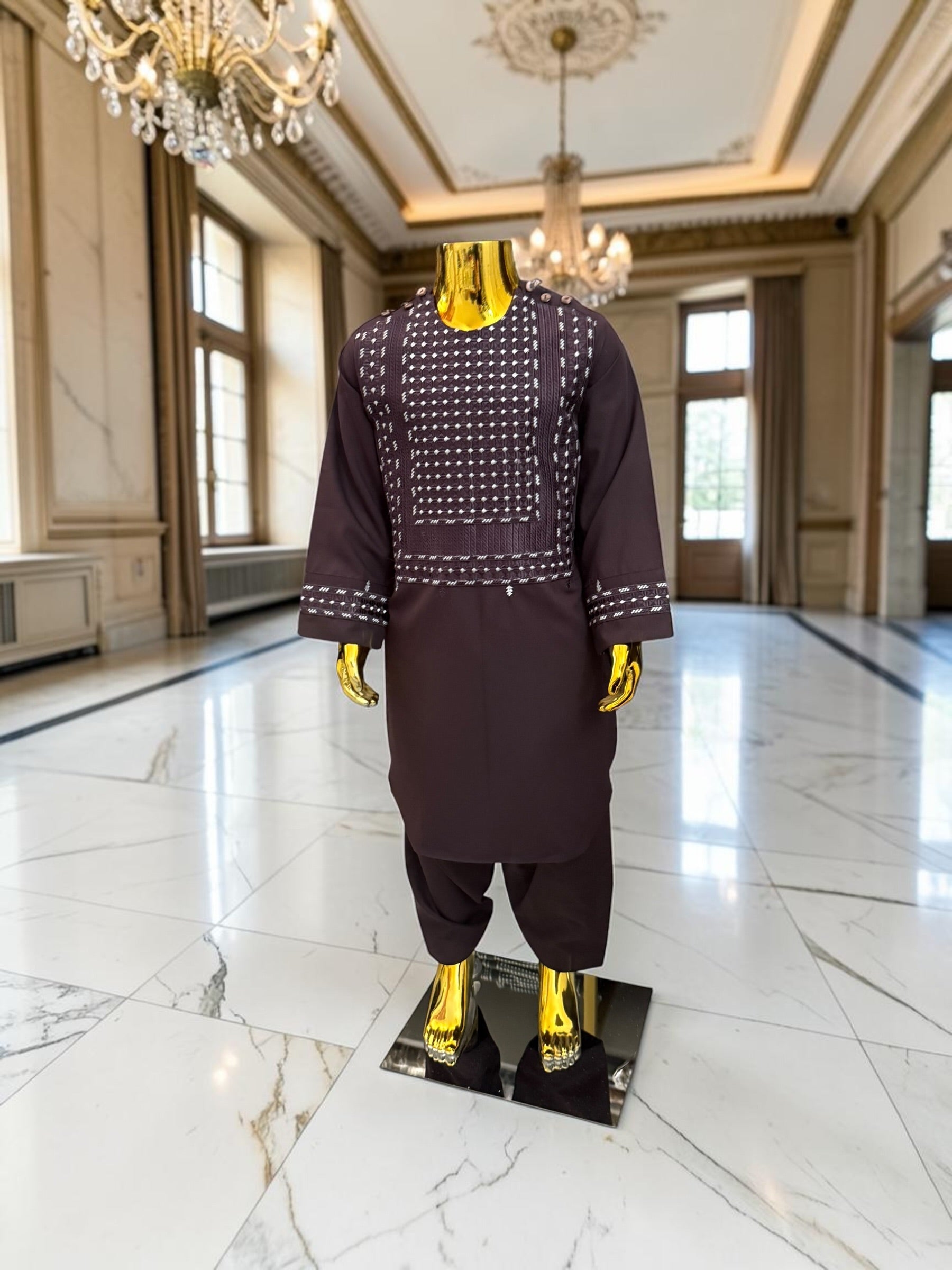 Deep Plum Boys Afghan Parahan Tunban Set | Luxury Embroidered Traditional Afghan Wear for Kids (1–12 Years)