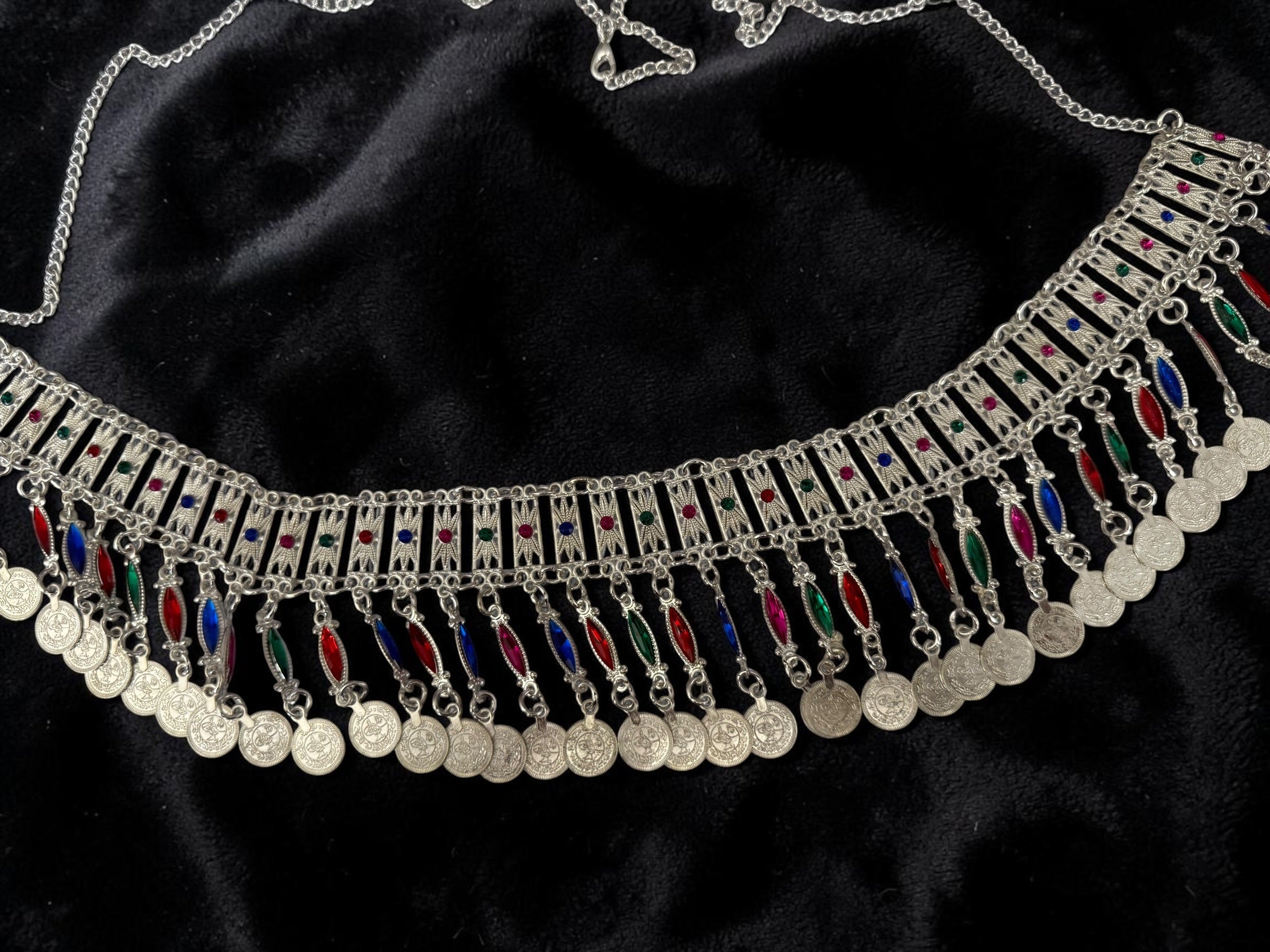 Traditional Afghan Kuchi Coin Belt for Women – Silver-Tone Tribal Waist Belt with Colorful Enamel Accents | Boho Festival, Dance & Wedding Belt 017
