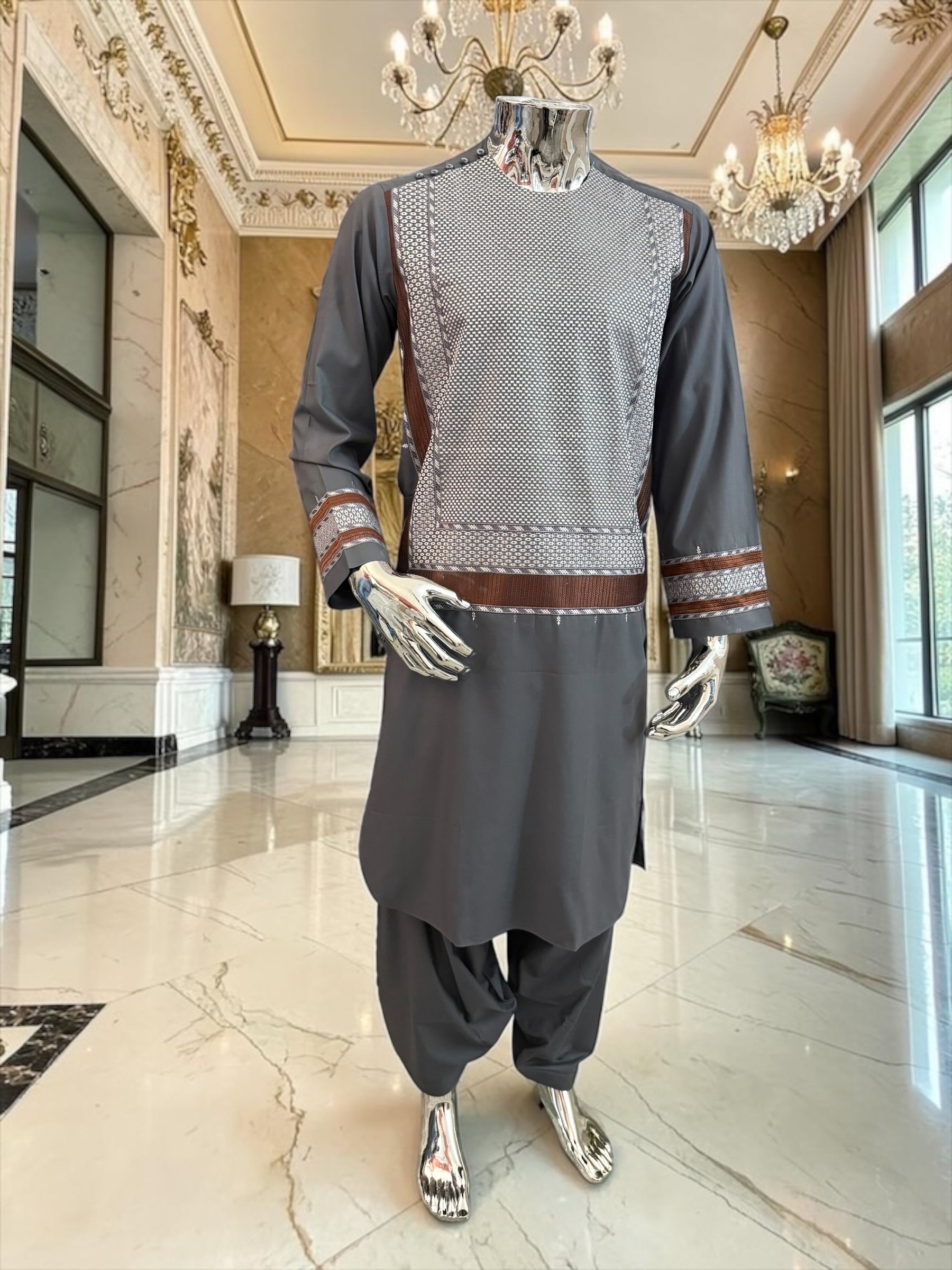 Small Charcoal Grey Men’s Shalwar Kameez Yakhandozi with white & Bronze Embroidery | Premium Traditional Wear