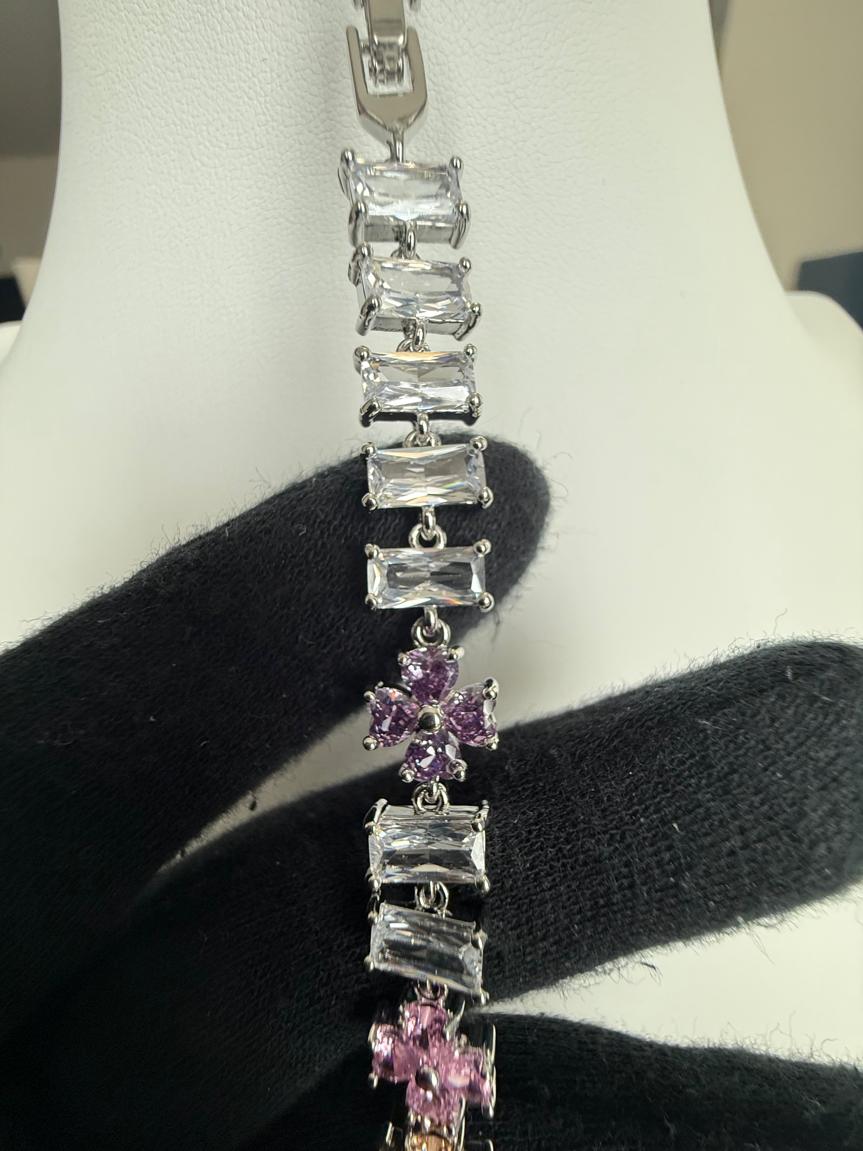 Multicolor Floral Baguette Crystal Link Bracelet – Silver Tone Flower Bracelet 7144