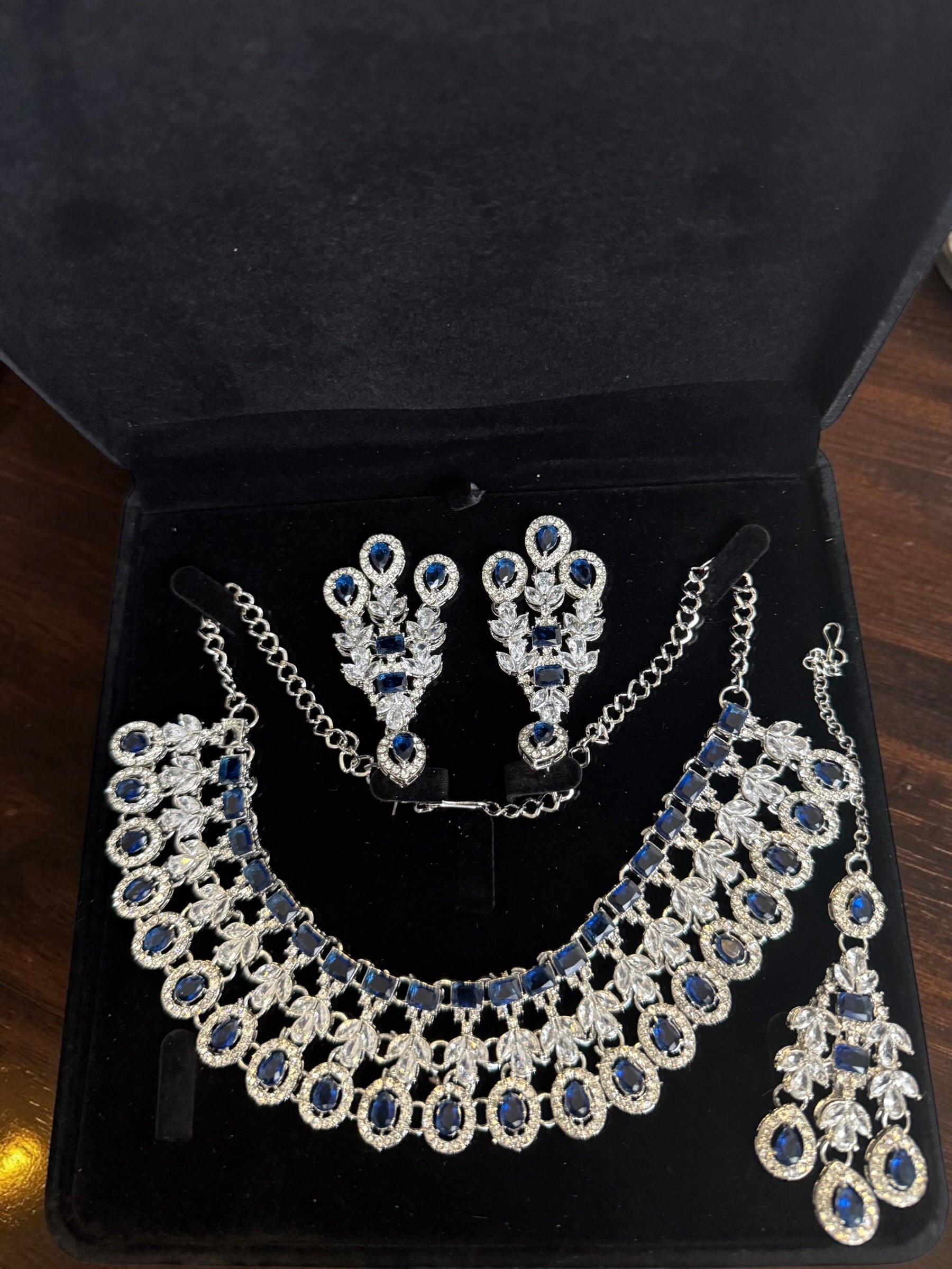 Luxury Navy Blue American Diamond Bridal Jewelry Set with Maang Tikka | Premium Brass Statement Necklace & Earrings | Gift-Ready Jewelry Box Included 6035