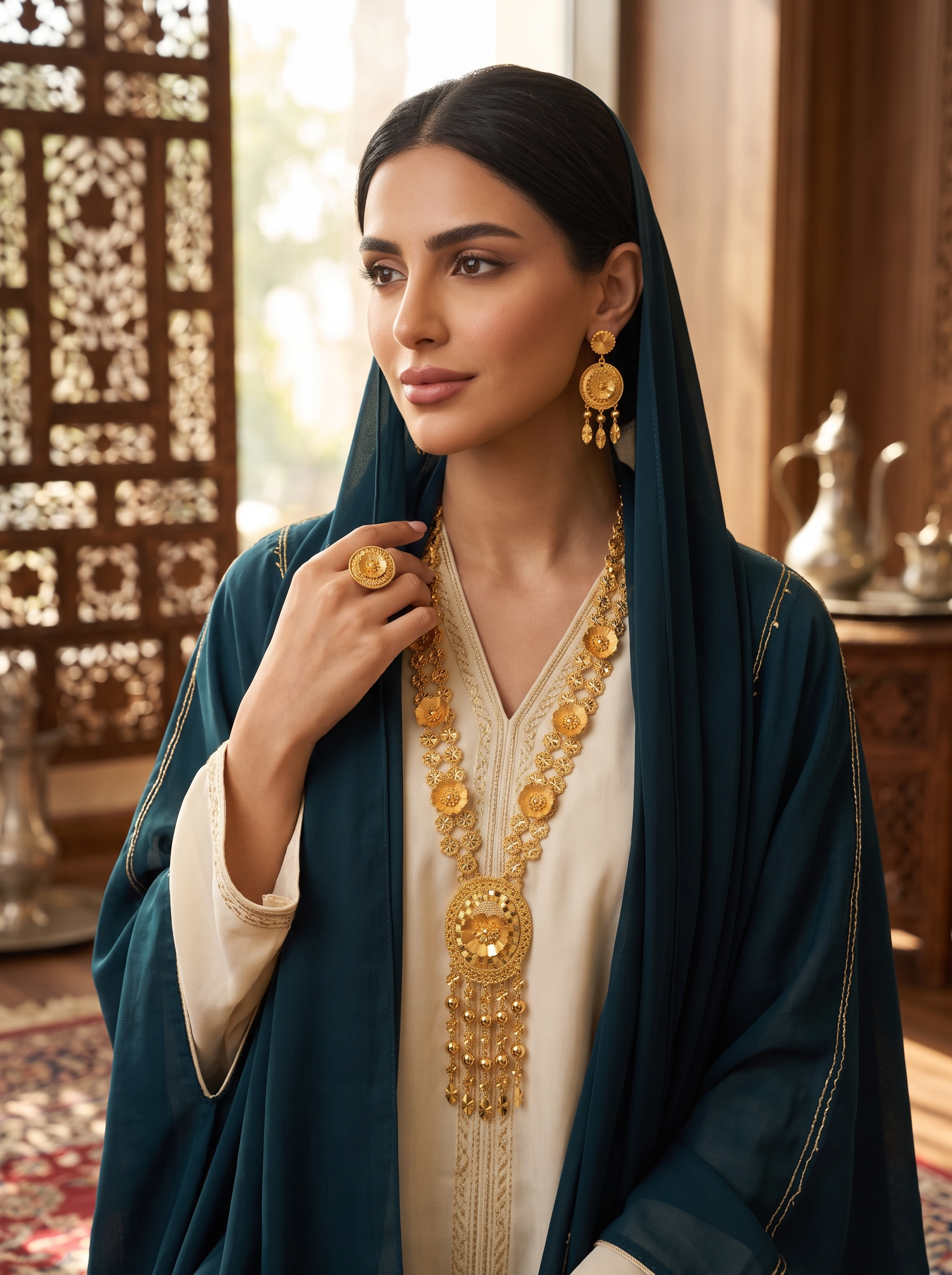 Vintage 24K Gold Plated Floral Pendant Necklace Set with Earrings | Traditional Afghan, Pakistani, Indian & Middle Eastern Jewelry