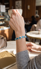 Aqua Blue Cushion-Cut Crystal Halo Tennis Bracelet – Silver-Tone Statement Jewelry 7115