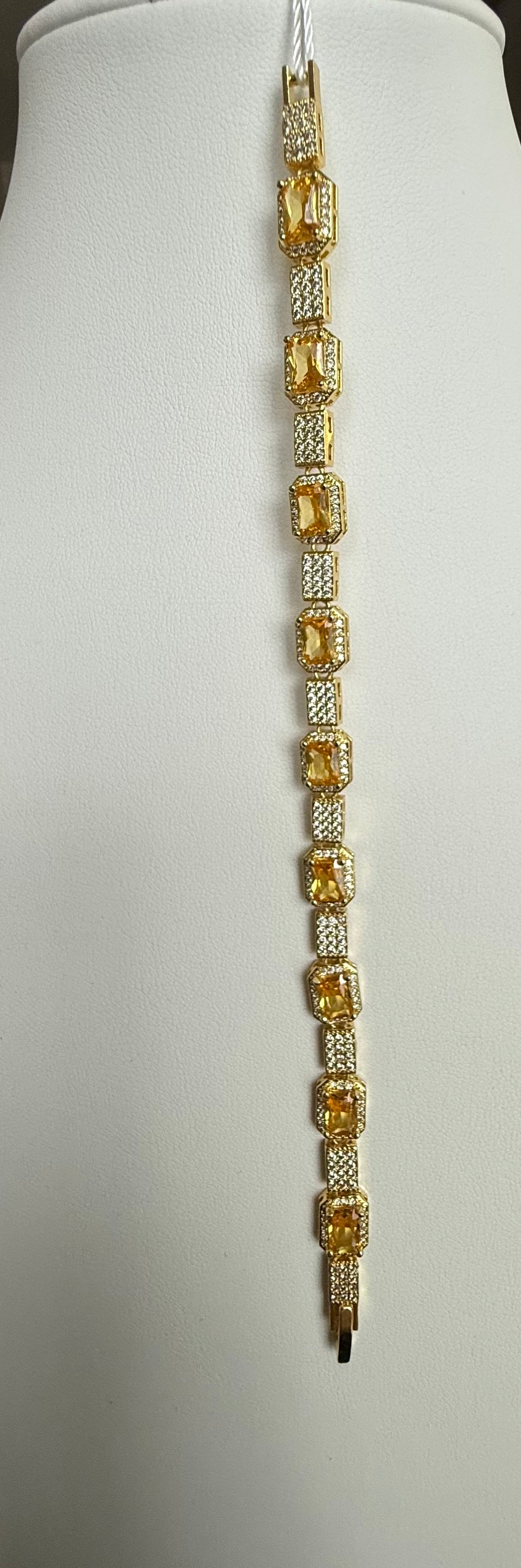 Golden Yellow Emerald-Cut Crystal Tennis Bracelet – Gold Tone Rhinestone Halo Statement Jewelry 7069