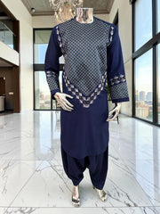 Medium Midnight Navy Hand Embroidered Afghan Parahan Tunban Set with Matching Chadder