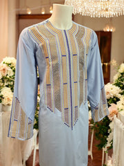 Afghan Parahan Tunban for Men Light Blue Gold and Blue Shesha Mirror Work Machine Embroidered X-Large