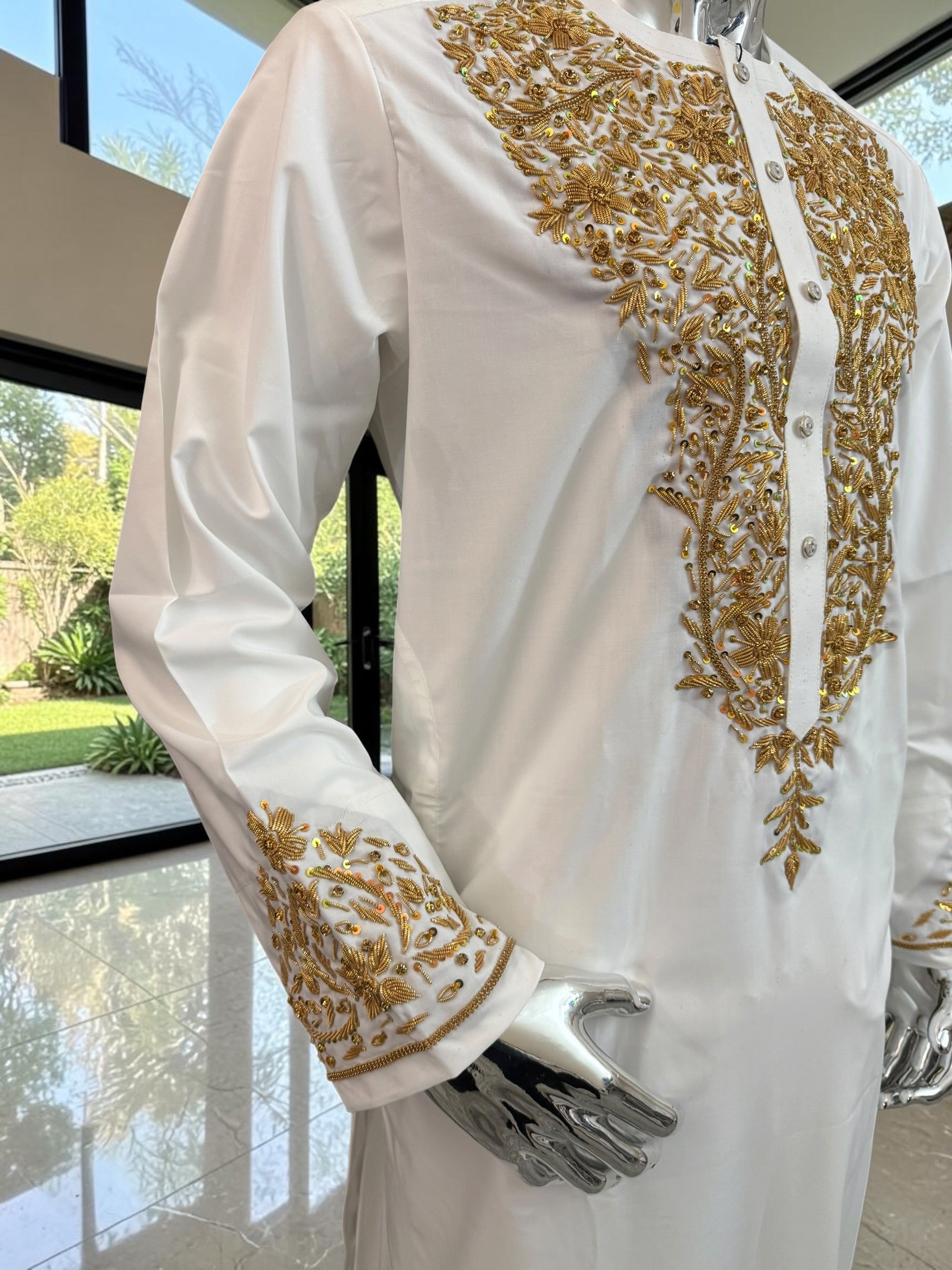 Handmade Afghan Selmadozi Embroidered Men’s Perahan Tunban – Luxury Traditional Formal Outfit – Available in Black, Ivory & White